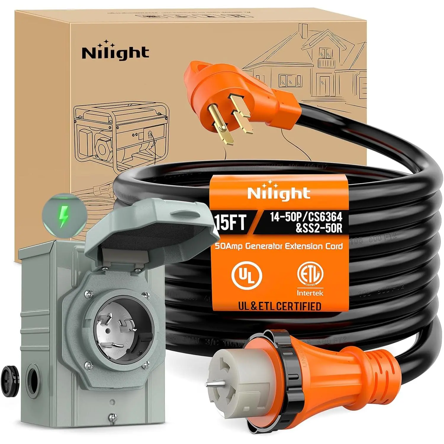 Nilight Heavy-Duty 50A 15FT Generator Extension Cord & Power Inlet Box, 125/250V 6/3+8/1 Gauge STW ETL Listed, NEMA 14-50P/SS2-50R Twist Lock Connector, Pure Copper Weatherproof for RV Outdoor Use