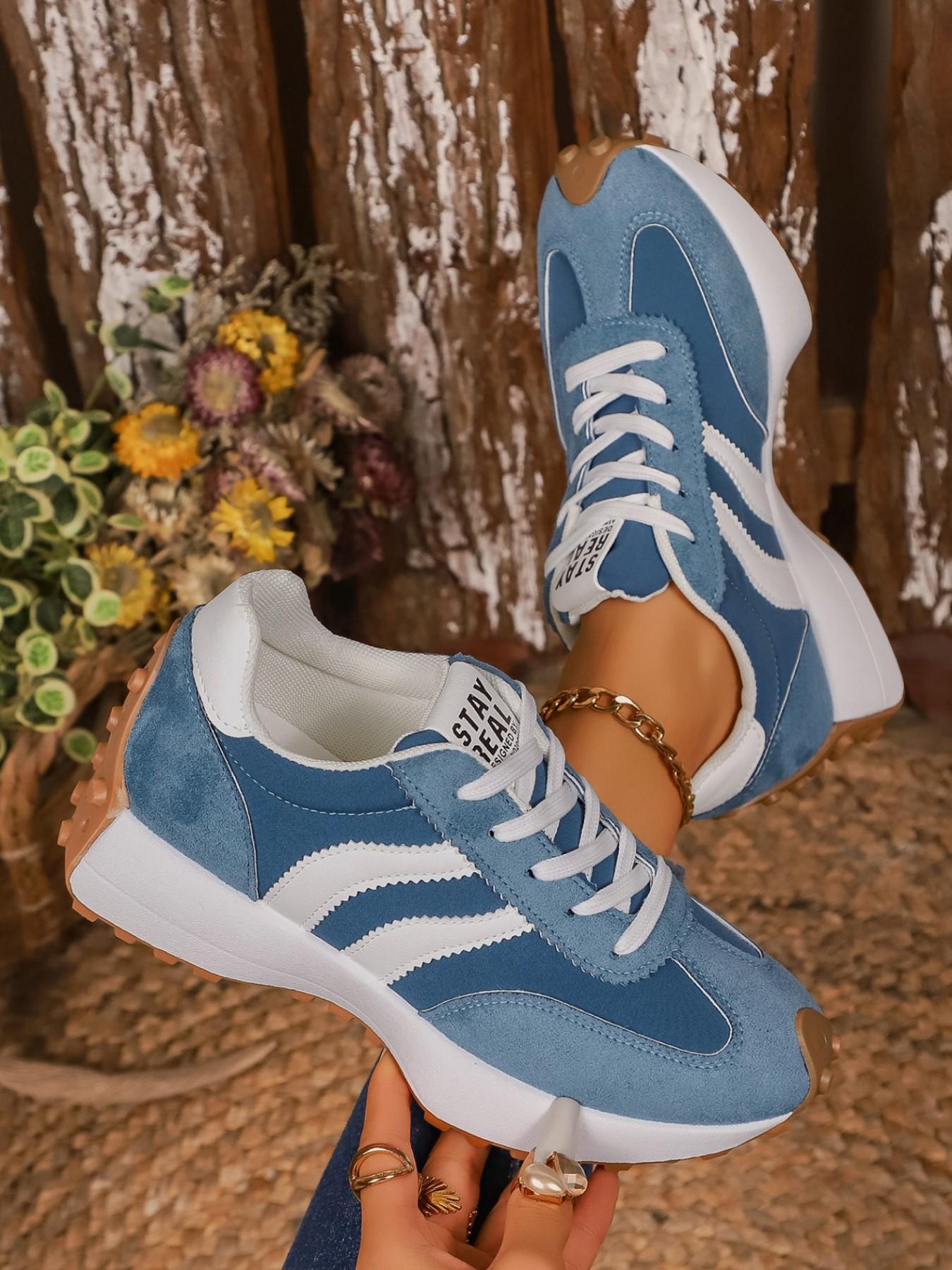 Women's New Spring Autumn Round-Toe Thick-Sole Casual Shoes, Colorblock Lace-Up Breathable Anti-Slip Fashion Sneakers for Outdoor Running and Training