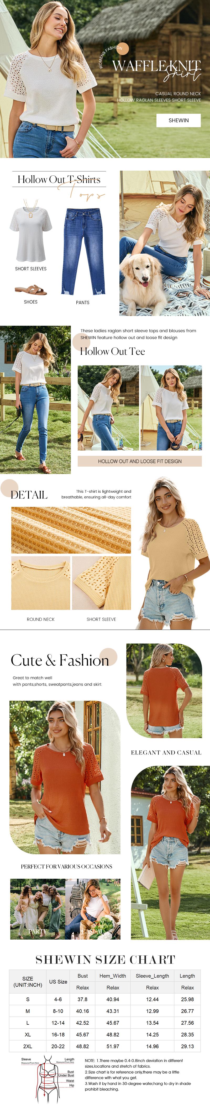 Shewin Women's Waffle Knit Tops Casual Crew Neck Hollow Out Eyelet Raglan Short Sleeve Summer Clothes T-Shirts Blouses S-XXL Plus Size Lightweight Breathable Fabric Fit Knitwear SpringStatements Womenswear