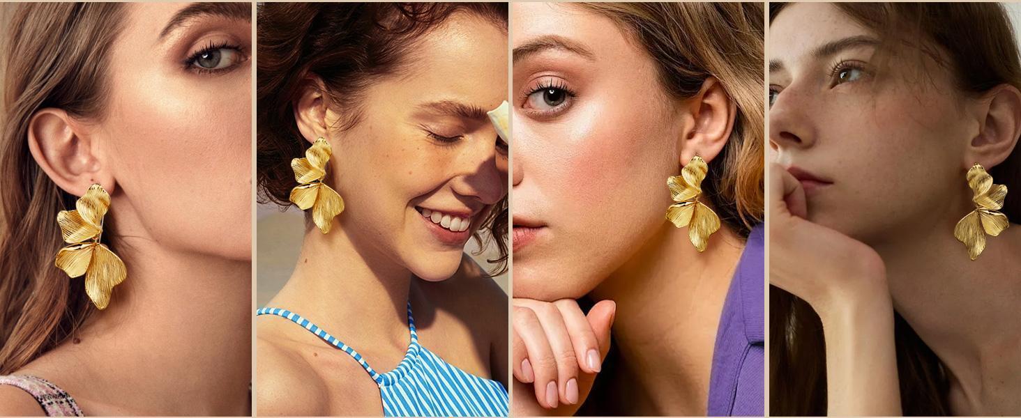 Statement Earrings For Women 18K Gold Plated Sectored Flower Leaf Shell Angel Wing Earring Large Stud Earrings Hypoallergenic Stud