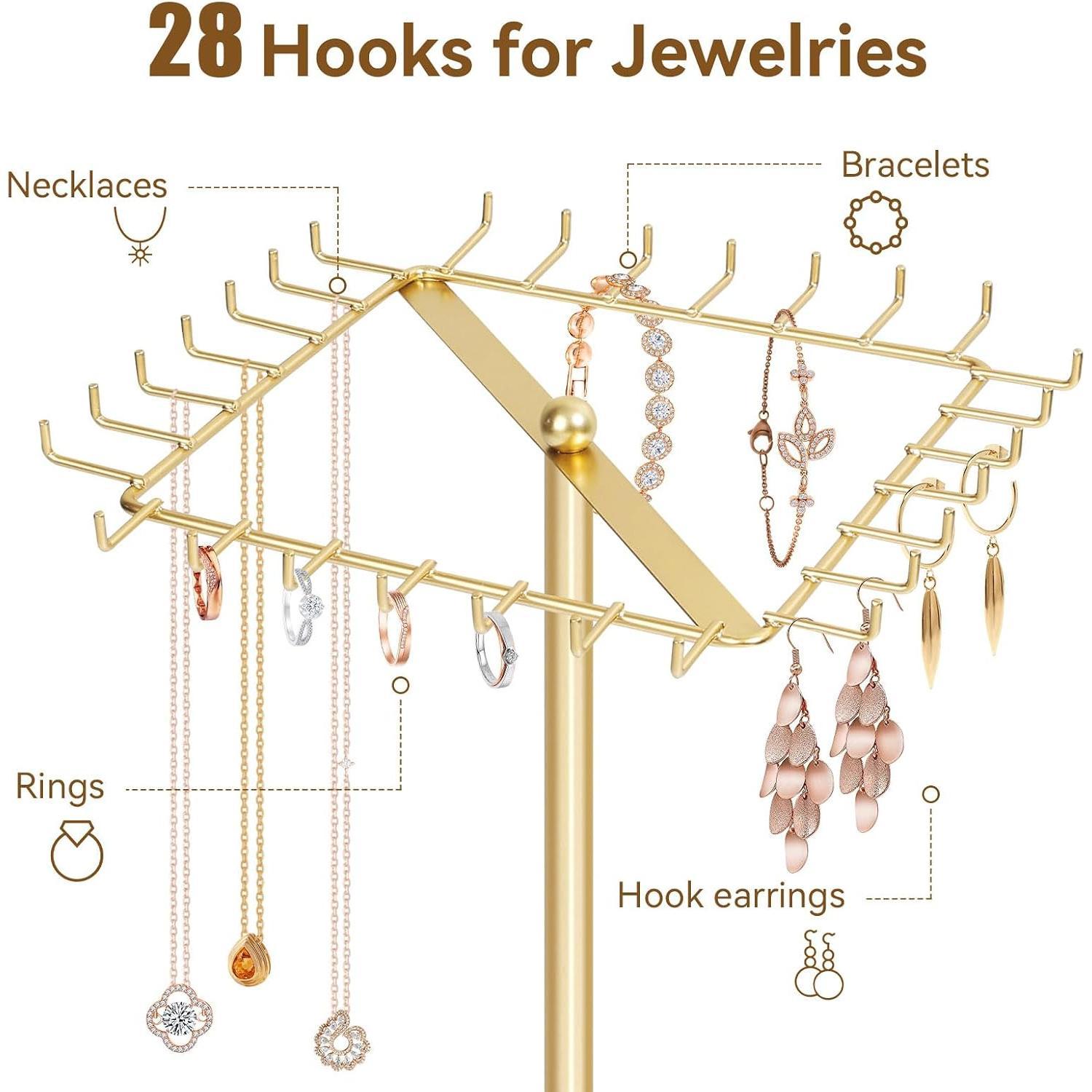Rotating Necklace Holder Display   Organizer, 28 Hooks | Metal Necklace Tree Stand,  Necklace Storage for  Bracelet Long Chains for Girls Women