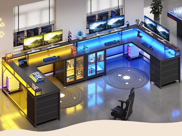 Sedeta Modern L-Shaped Adjustable Corner Gaming Desk - 109” Office Furniture with 4 Drawers, Display Cabinet, 2 Monitor Mounts, CPU Stand, LED Lights, Power Outlet, Adjustable Height for Home Office Man Cave Room Decor, Monitor Mount