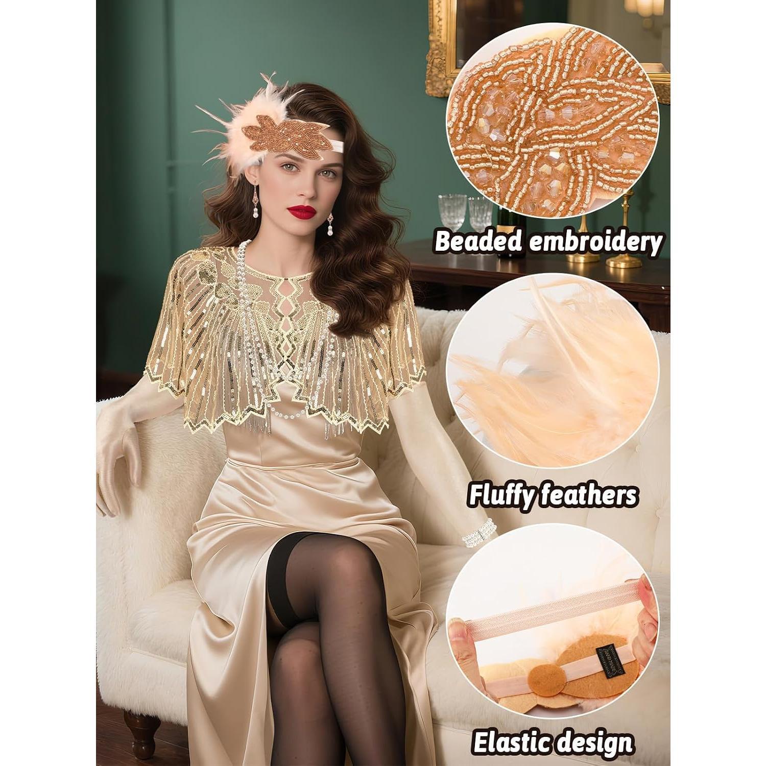 6 count 1920s Flapper Accessories,   Costume Accessories Fashion Roaring 20's Theme Set 20s Flapper Headband Sequined Shawl  Necklace Bracelet Earrings Gloves