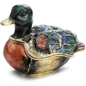 Hand Painted Enamel Duck Trinket Box for Home Decor, Hinged Jewelry Organizer for Ring Earrings, Unique Figurine Keepsake Collectible Personalized Elegant Handmade Ornament Gifts (Green Duck)