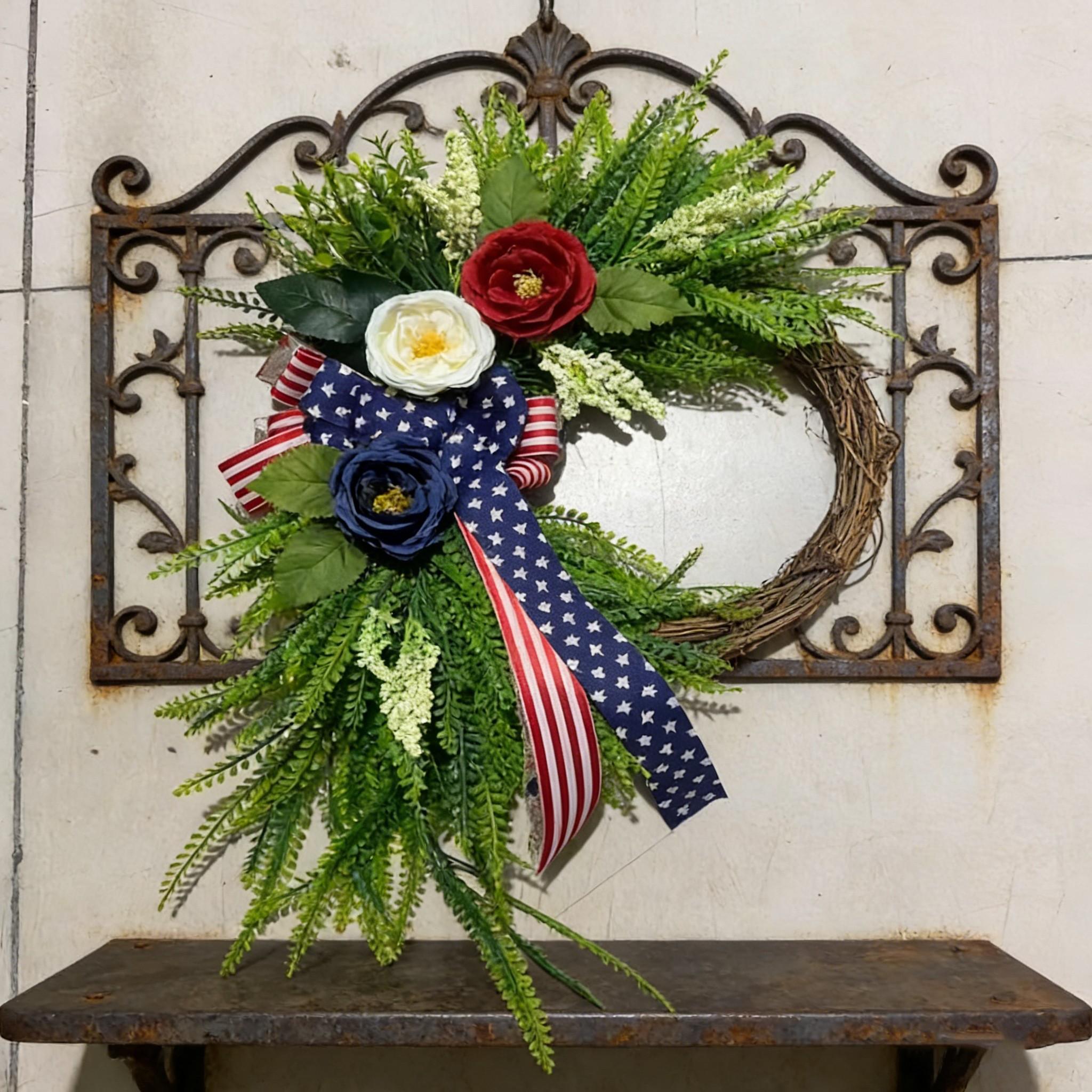 Elegant Patriotic Wreath Decor, Blue Floral Design with American Flag Bow, Memorial Day and Veterans Day Porch Decoration