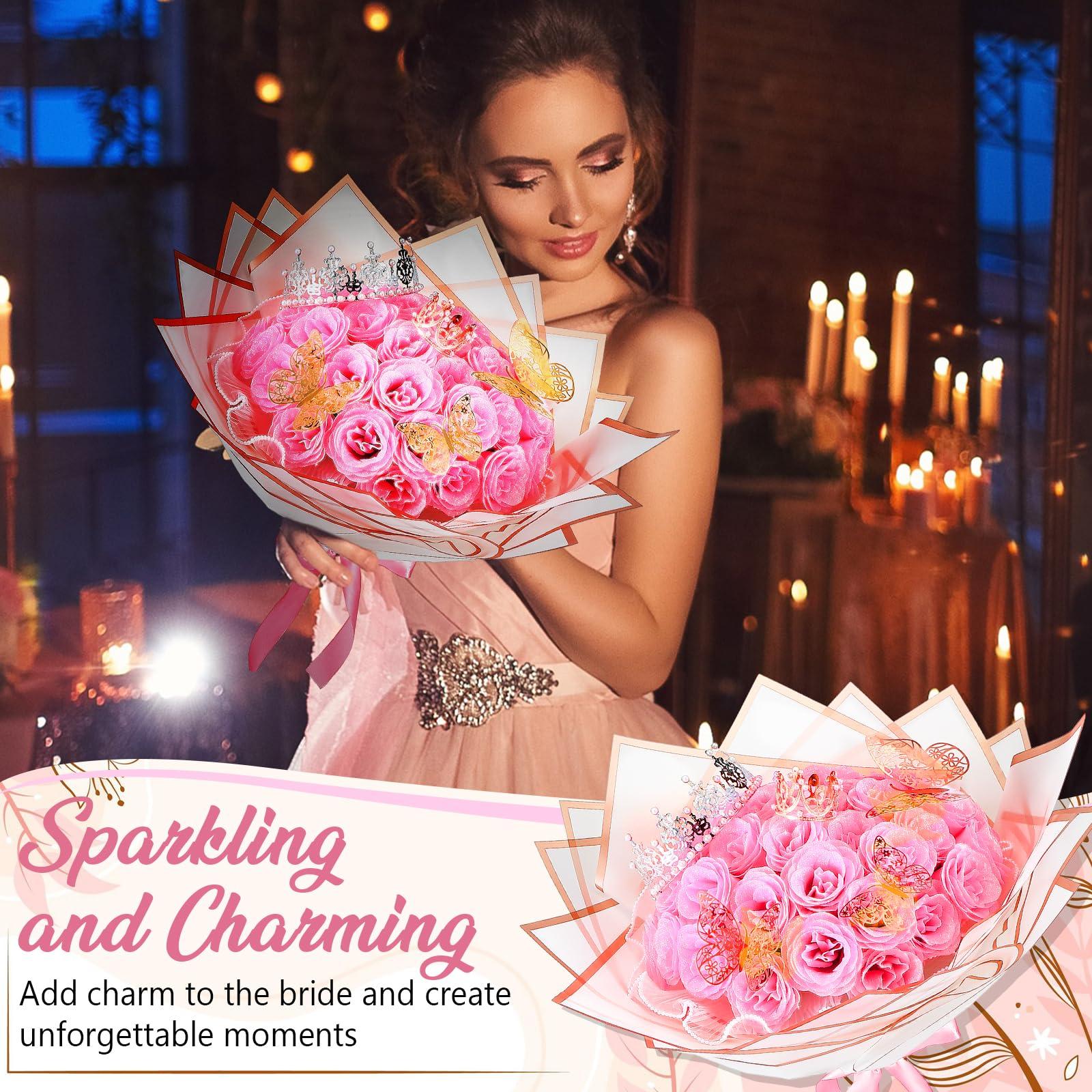 24/36 Pcs Mother's Day Gift Glitter Roses Bouquet Set DIY Fake Flowers Bouquet with 3D Butterflies Crowns Alphabet Stickers & Ribbons for Girlfriend Wife Mom Women Gift Perfect for Valentine's Day Birthday Engagement Wedding Anniversaries Graduation