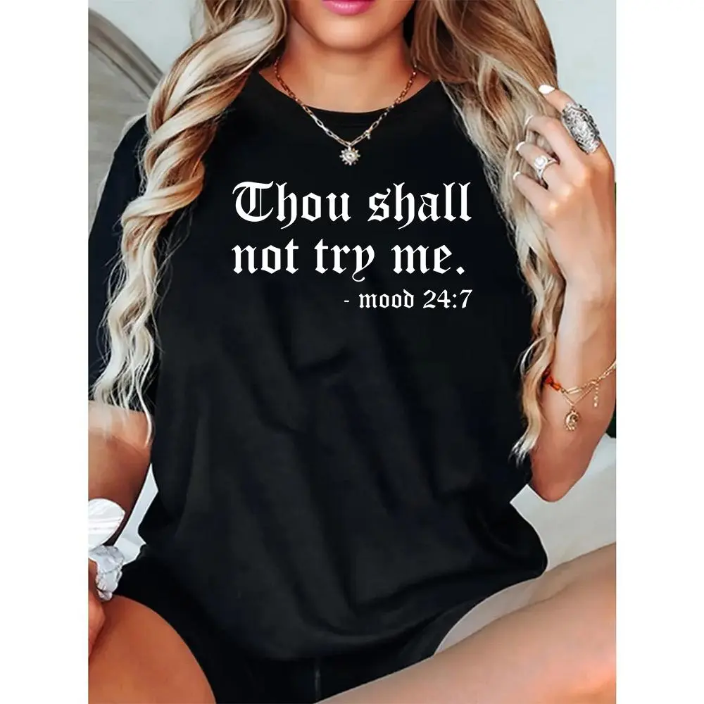 Women'S Casual Crew Neck T-Shirt- Bold Print "Thou Shall Not Try Me- Mood 24/7" Letters, Olive Green And Black Gothic Style, Medium Stretch, Machine Washable, All-Season Comfort, Loose Fit for Daily Wear, Non-See-Through Material