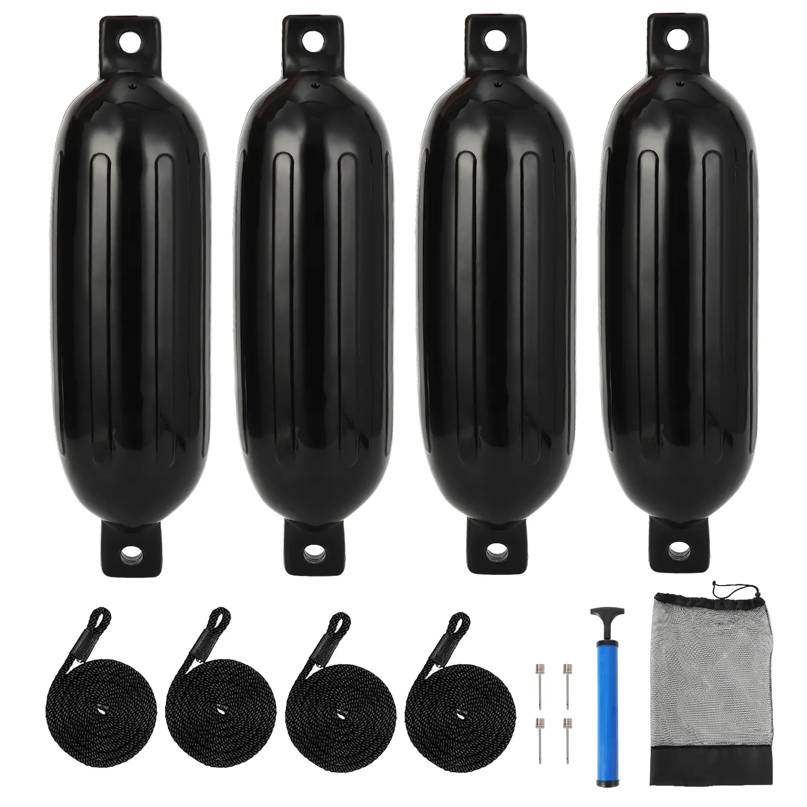 Boat Fenders (4 Pack) - Inflatable Pontoon Boat Bumpers for 10-37ft Vessels, Heavy Duty Design with 4 Ropes, Air Pump and Storage Bag for Docking, Fishing Boats, Cabin Cruiser