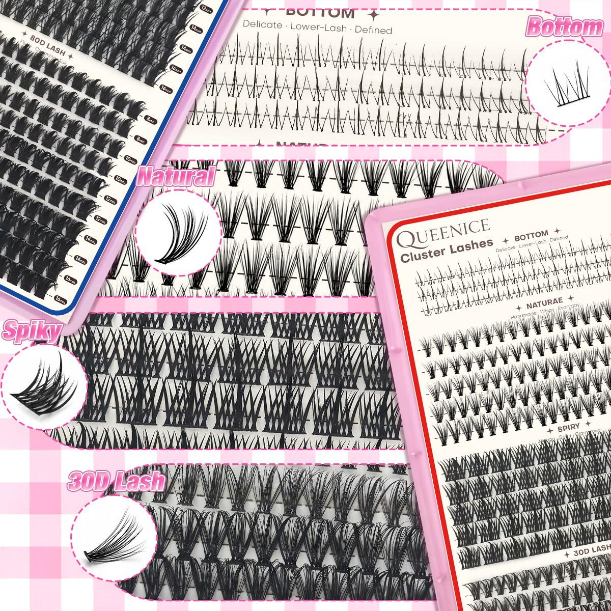 6 Styles Mixed DIY False Eyelash Extension Kit, Bottom Natural, Thick Spikes Lash Clusters with Bond and Seal, Tweezers Mixed Lengths Individual Cluster Lashes for Daily Use, Cat Eye Lashes, Reusable & Beginner Friendly, Beginner Friendly Eyelashes
