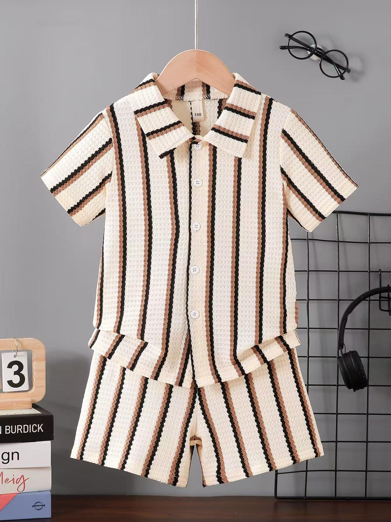 Boys' Summer New Set, Fashion Striped Button Shirt with Lightweight Breathable Shorts, Casual Loose-Fit Suit, Perfect Gift Option
