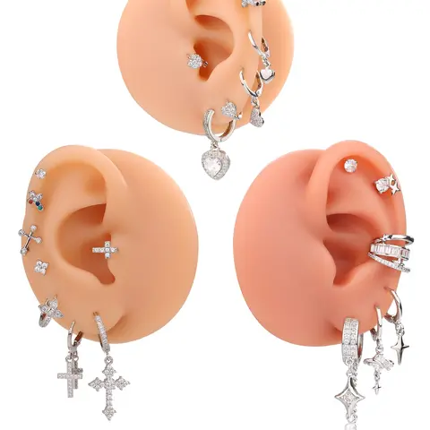 Women's Rhinestone Decor Earring Set, Cool Earrings, Star & Heart & Cross & Chain Design, Unique Jewelry for Birthday Gift, High Quality Earrings, Trendy Accessories, Shining Earrings, Sparkling Ear Jewelry
