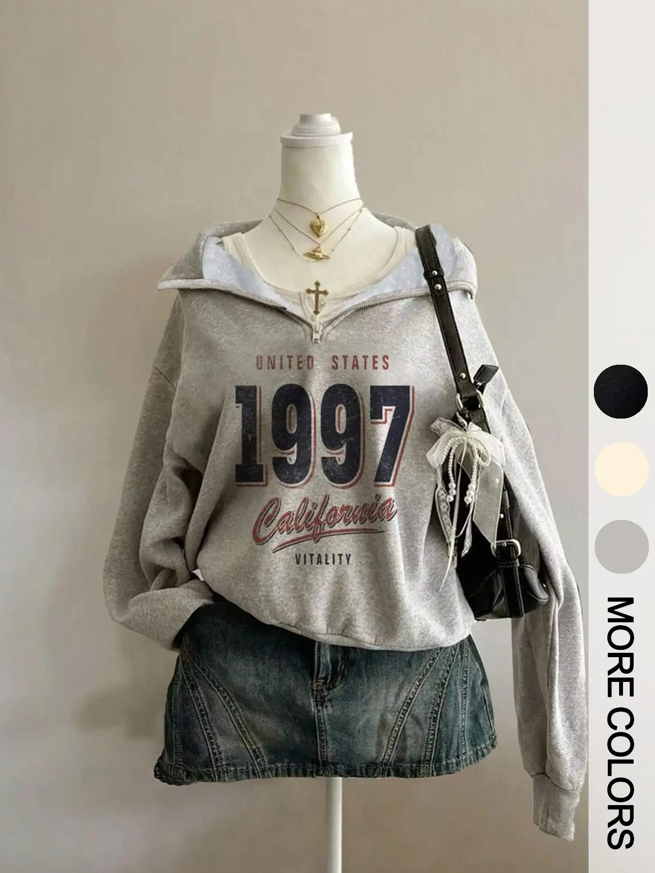 Women's Vintage "1997 California" Letter & Number Print Fleece Lined Baggy Sweatshirt, Zipper Front & Collared Design