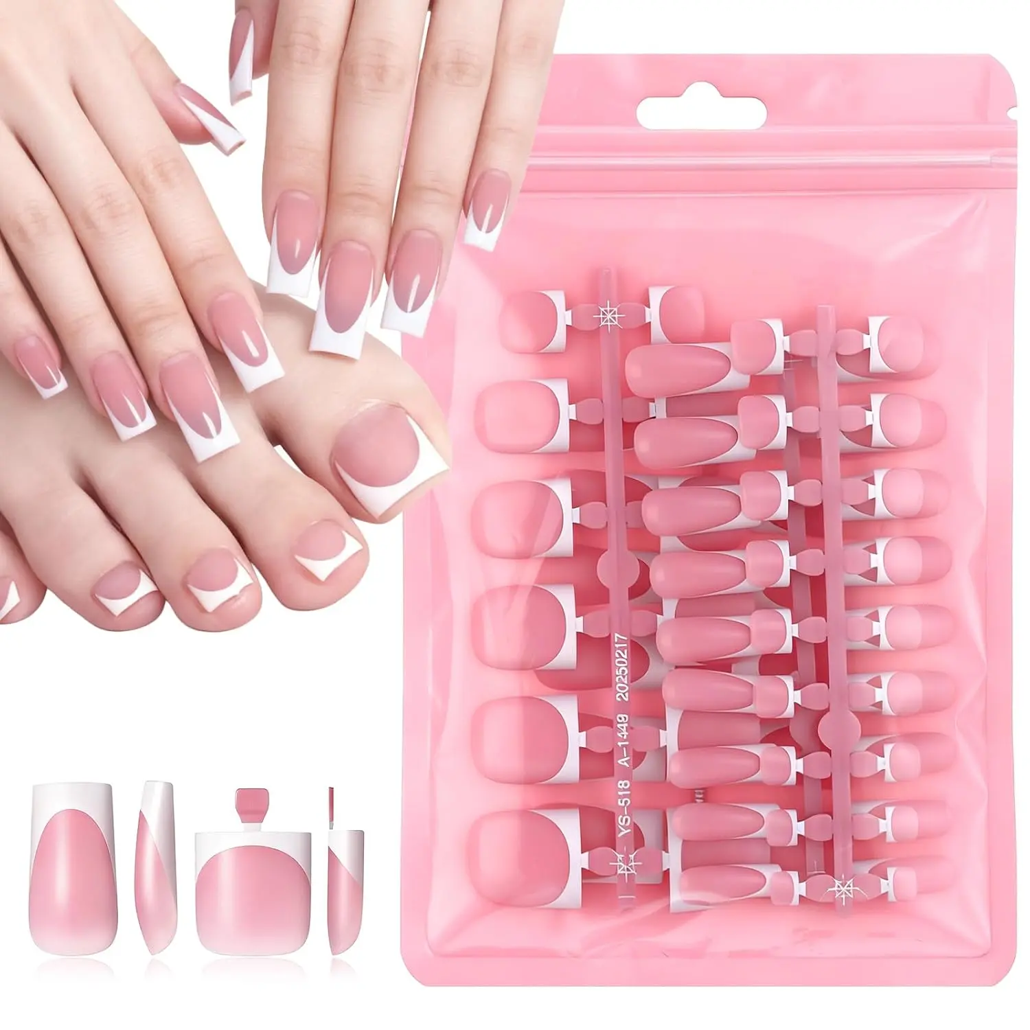 Press On Nails and Toenails Set, 60pcs Reusable Medium Square White French Tip, Full Cover ABS Acrylic DIY Nails for Women Party Wear, Press On Toenails, French Tip Press On Nails, Nail Design, Diy Nails Art, Fingernails Toenails