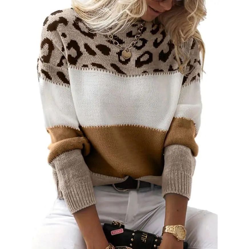 Women's Leopard Color Block Round Neck Pullover Sweaters Tops