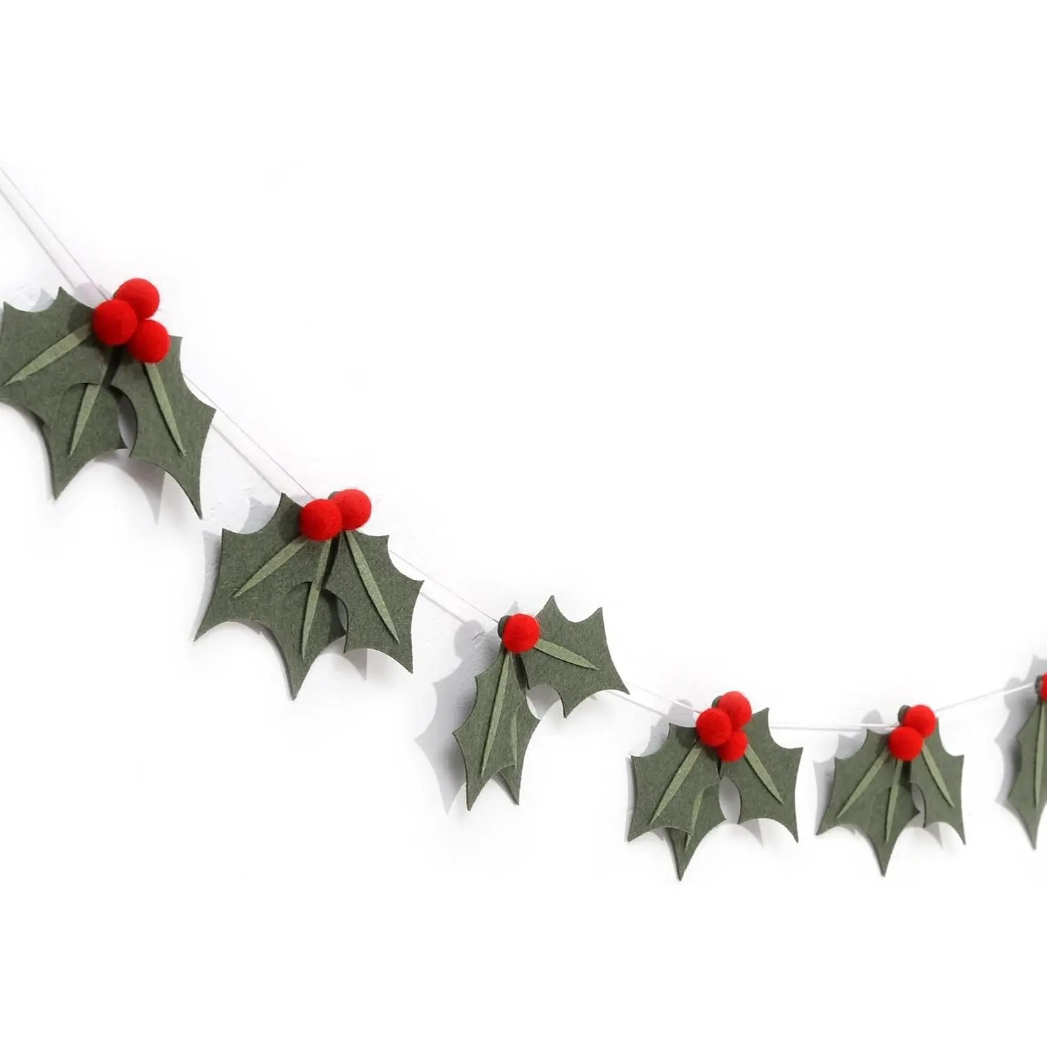 Felt Christmas Holly Garland - Winter Holiday Holly Leaf and Red Berry Decor, Festive Wall Decor for Fireplace Mantel, Staircase, Window, Felt Craft Supply