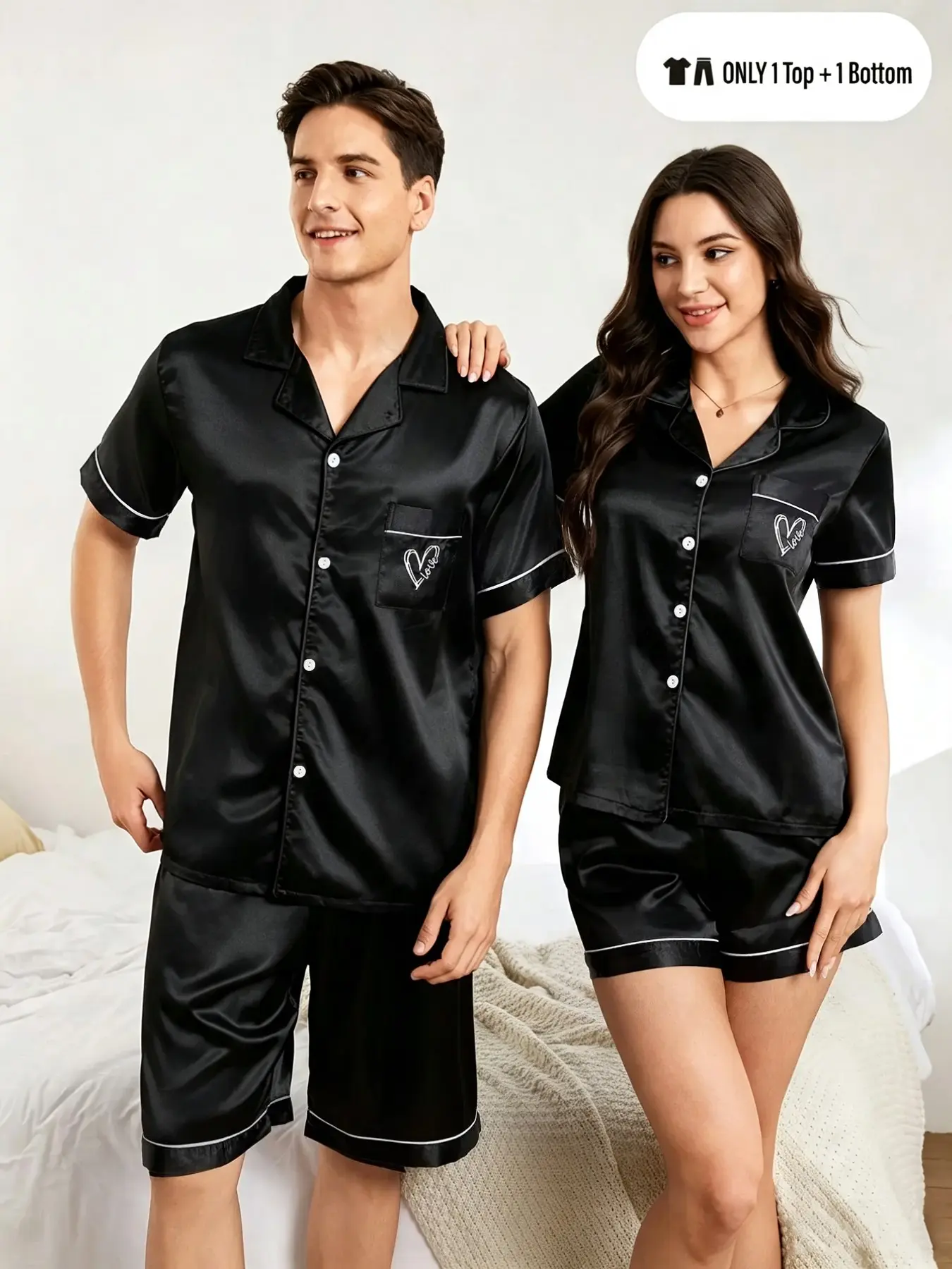 Soft Couple Matching Pajama Set Short Sleeve Button Down Sleepwear Lapel Nightwear Top And Shorts Loungewear For Men Women Home Bedroom Daily Rest Wear.