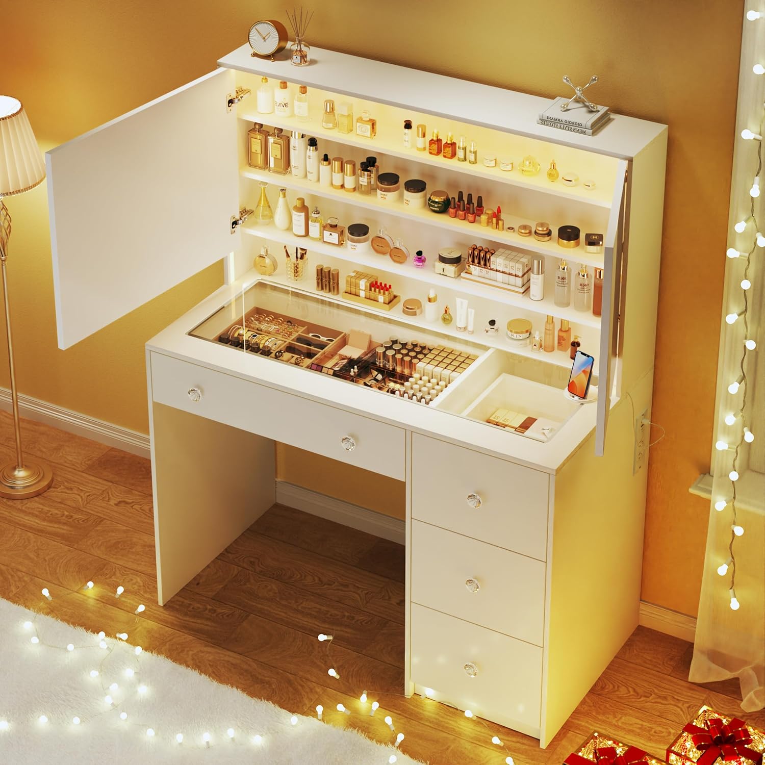 [ChristmasGifts] Vanity Desk with Mirror and Lights, Makeup Vanity with Glass Top & Power Outlet, White Vanity with 4 Drawers & 3 Long Hidden Storage Shelves, 3 LED Lighting Modes Adjustable for Bedroom