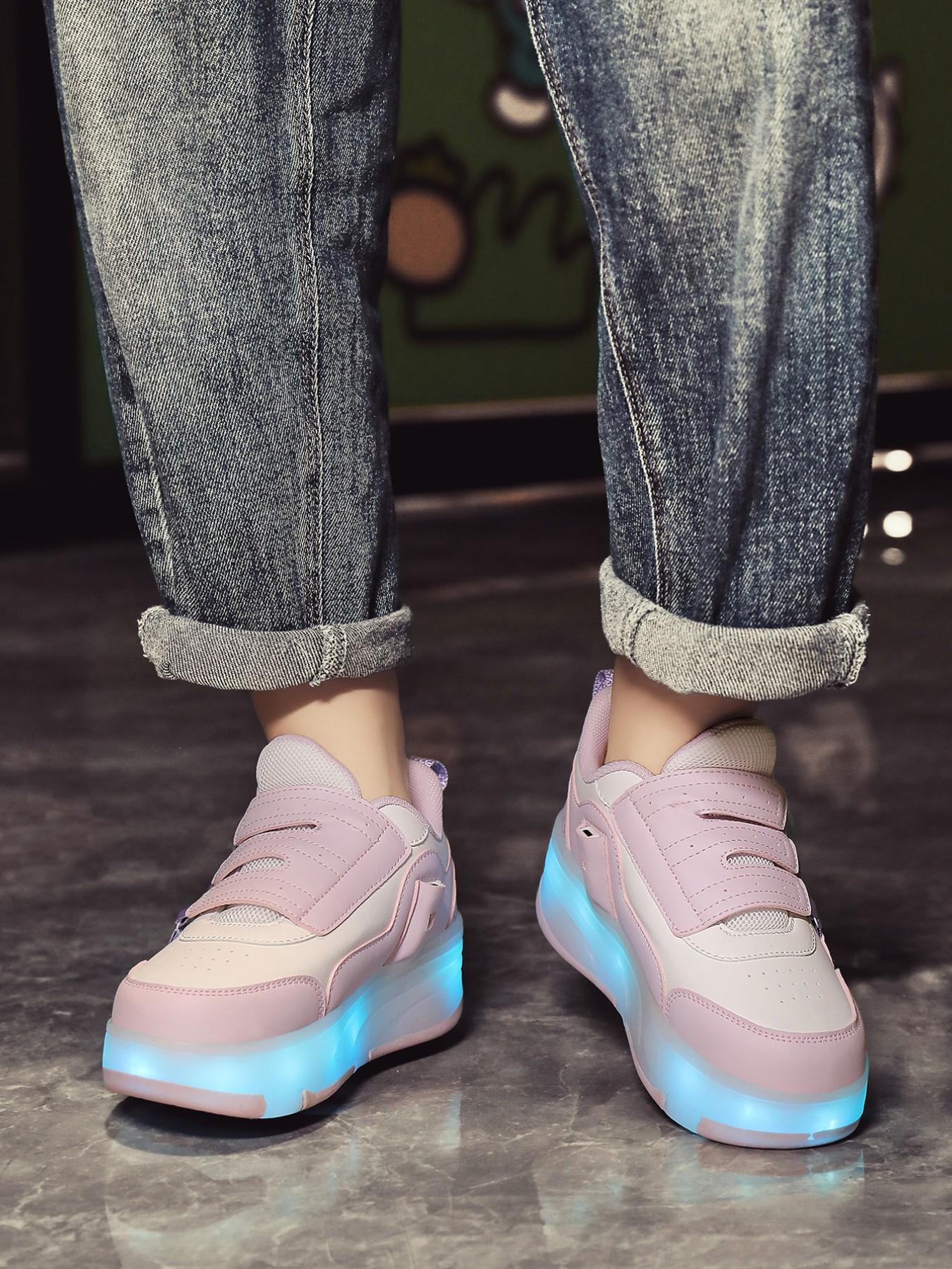 Girls' LED Light-Up Roller Skates, PU Leather Four-Wheel Inline Skates, USB Rechargeable, Detachable Wheels, All-Season Casual Shoes, Shoes With Wheels