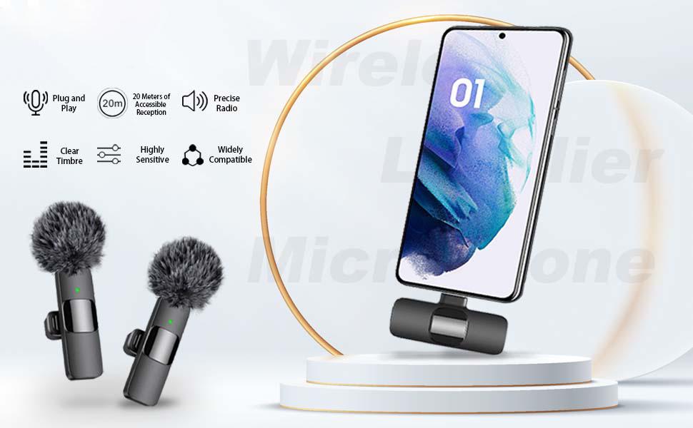 Upgraded Professional Mini Wireless Lavalier Microphone,Noise Reduction Clip on Mic for iPhone 15, iOS and Android Devices , 2 Pack Cordless Omnidirectional Condenser Recording Mic for Interview, Video, Podcast, YouTube