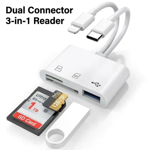 SD Card Reader for iPhone, for iPad & Android — Dual USB C/L1ghtnin Adapter, Supports SD/Micro SD/USB, Fast USB 3.0 Transfer, Plug & Play, No App Needed