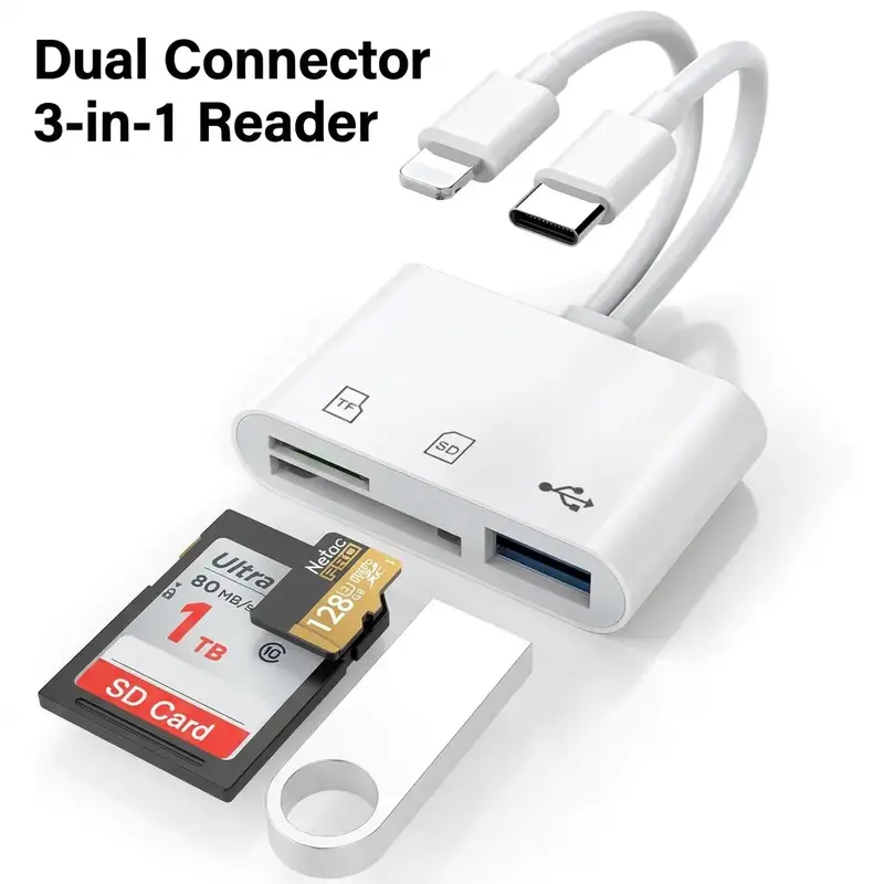 SD Card Reader for iPhone, for iPad & Android — Dual USB C/L1ghtnin Adapter, Supports SD/Micro SD/USB, Fast USB 3.0 Transfer, Plug & Play, No App Needed