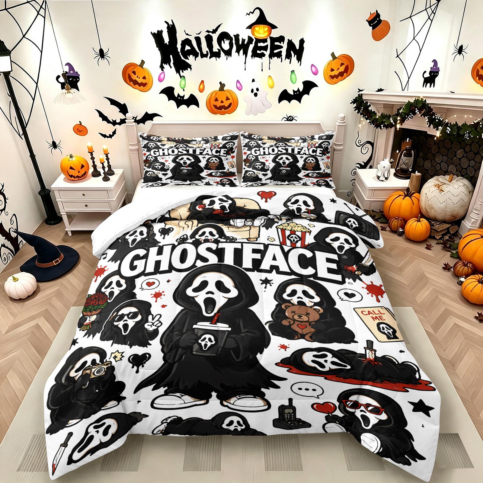 Color-Block Plaid Chibi Hugging a Teddy Bear, Pulling a Suitcase and Playing Phone Ghostface Print Comforter Set & 1-2 Pillowcases, Comfortable Easy Care Bedding, Halloween or Movie Fans Bedroom Dorm Decor