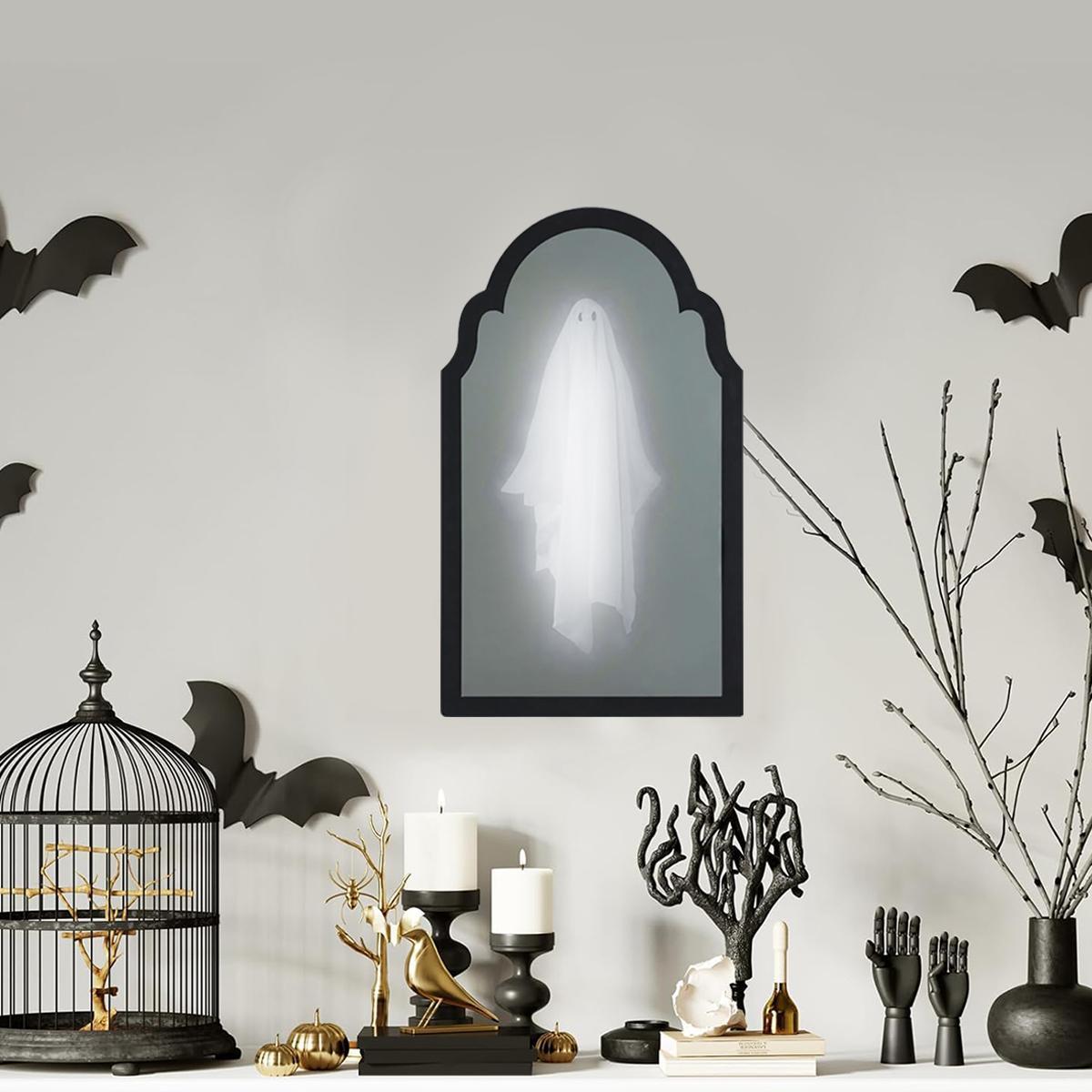 Ghost Mirror Halloween Decor – LED Holographic Ghost Illusion Mirror, 2-in-1 Daytime Mirror Nighttime Ghost, Spooky Tabletop Decoration for Mantel Shelf Party, Creepy Cute Gift for Kids Adults