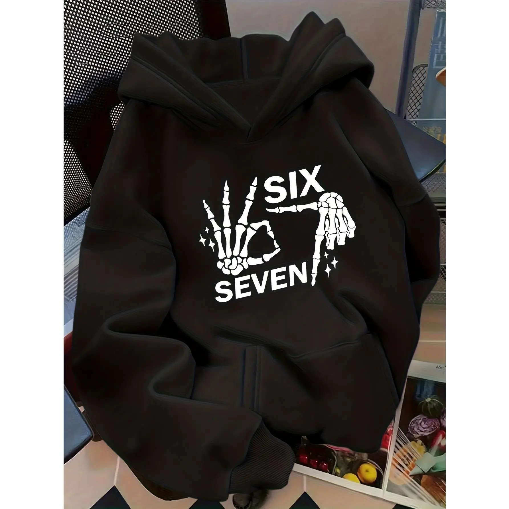 SIX SEVEN Skeleton Hand Gesture Graphic Hoodie Funny Dark Grunge Alt Aesthetic Pullover Sweatshirt Oversized Loose‑fit Black And White Long‑sleeve Hooded Top Gothic Subculture Casual Street‑wear Outerwear