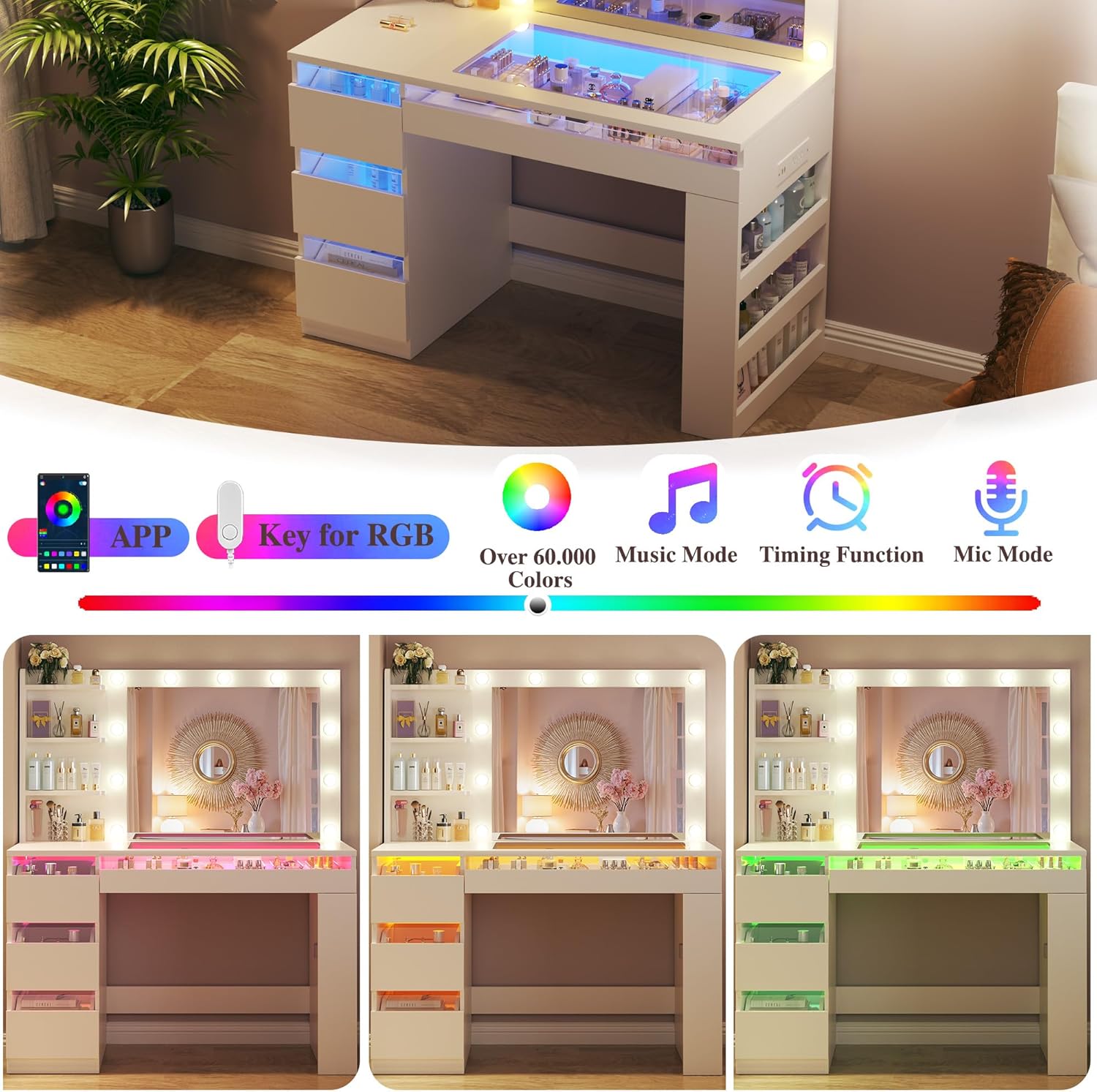 Vanity Desk with Lighted Mirror & Glass Top, Makeup Vanity Desk with 4 Transparent Drawers and RGB Lighting, Built-in Power Outlet, 3-Tier Side Shelves & Storage Organizer for Bedroom