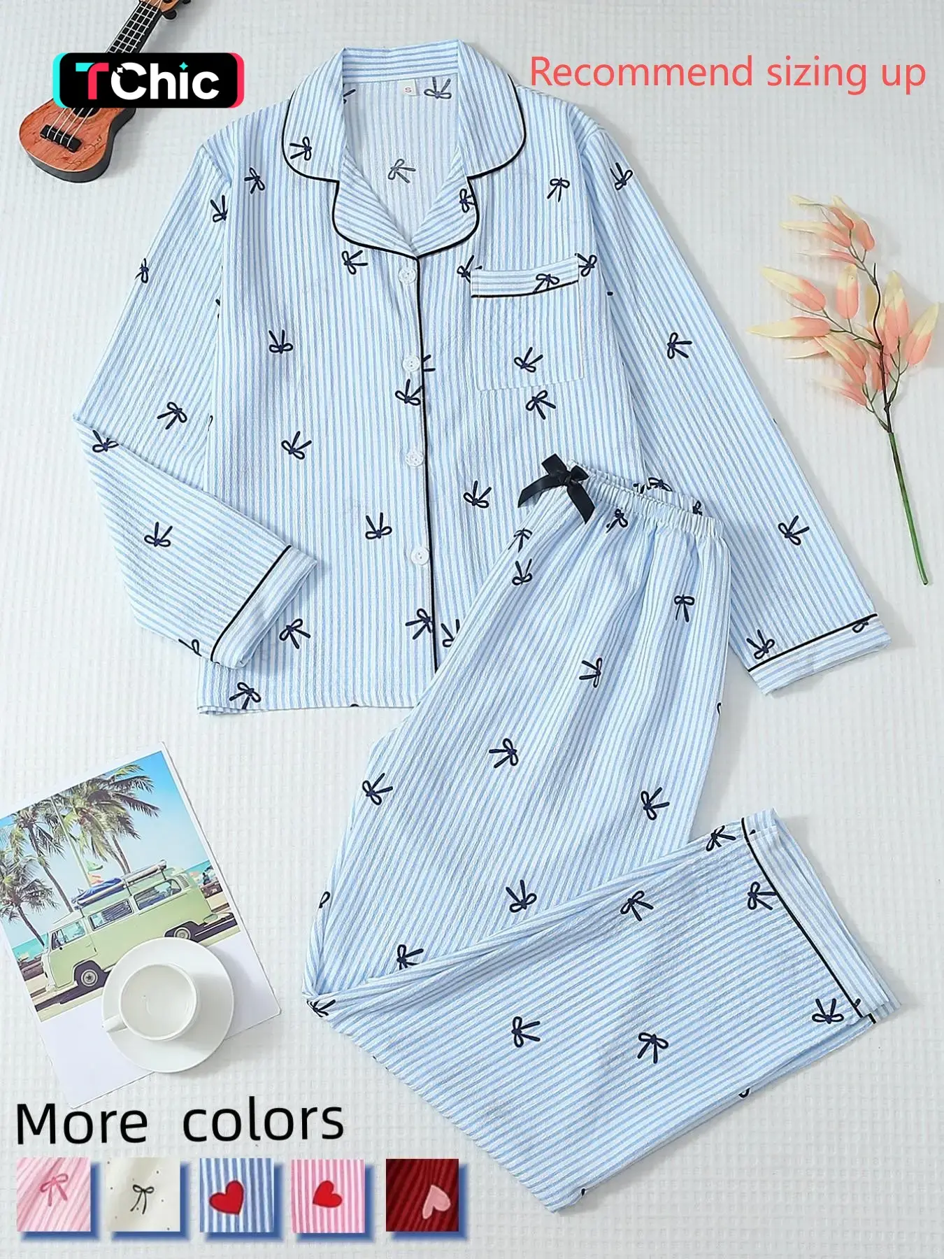 Women's Striped Bow Print Long Sleeve Pajama Set, Sweet Cute Button Front Top and Pants, Casual Home Wear Loungewear for All Seasons