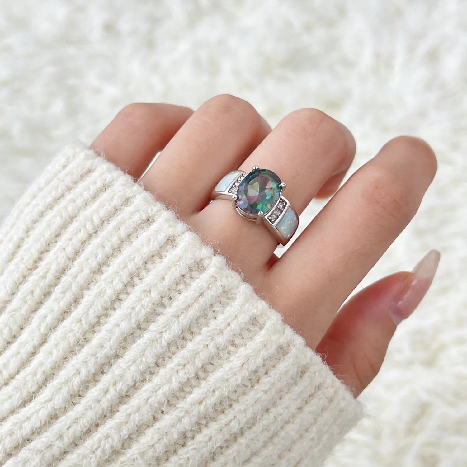 White K Plated Synthetic Fire Opal Colorful Zircon Fashion Jewelry For Women Cocktail Ring Anniversary Gifts for Her