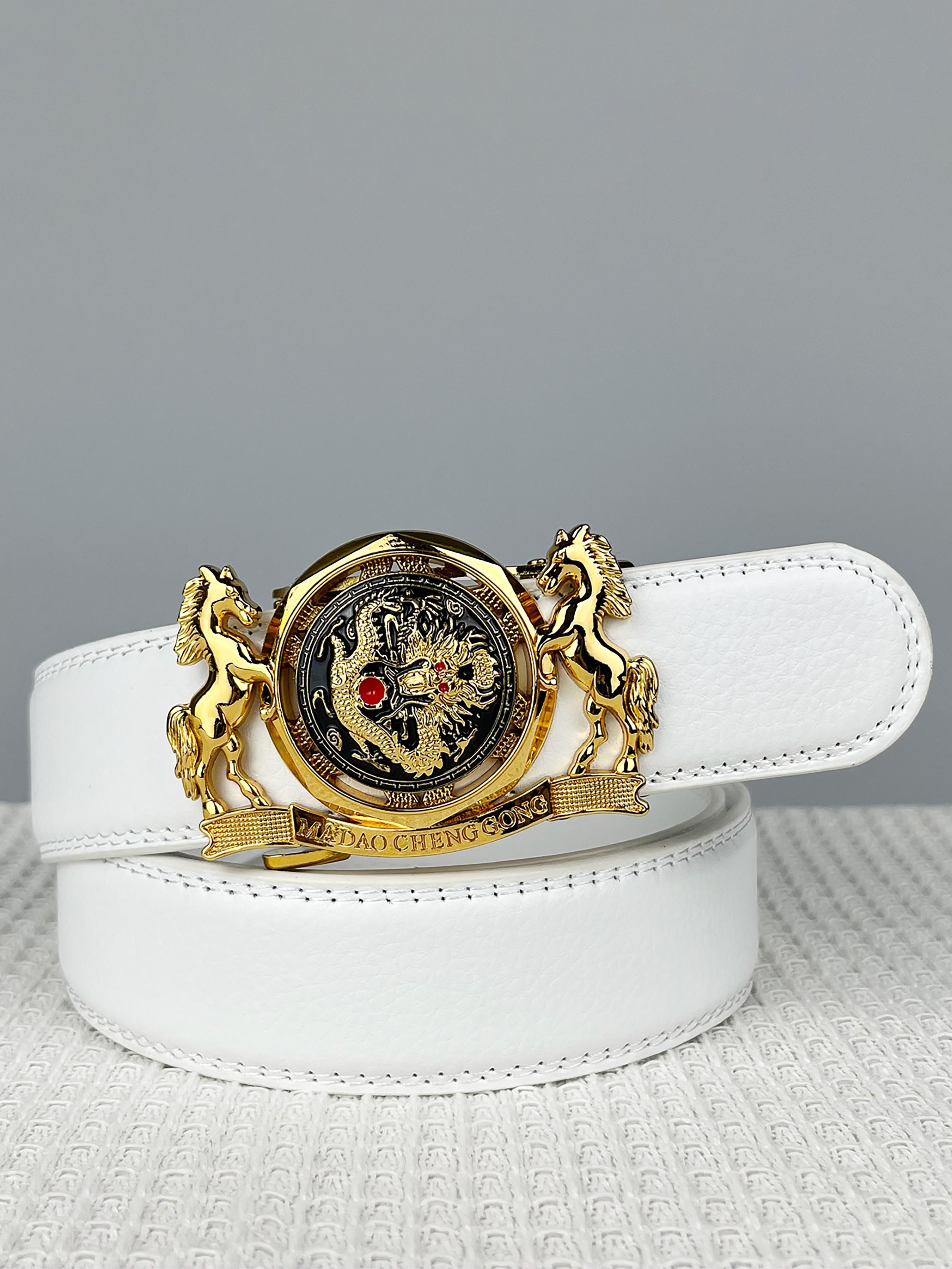 Men's and Women's Twin Horse Relief Design, Dragon Pattern Alloy Automatic Buckle Belt, Trendy and Fashionable, Novel, 1.38in/3.5cm Wide Ratcheting Belt, Gold Metal Decorated Buckle Belt, Christmas Gift, Valentine's Day Gift.