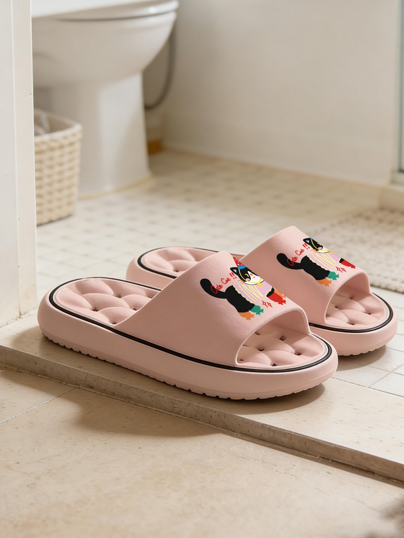 1 Pair Cute Cat Themed Printed Hollow Massage Thick Sole Slippers, Soft Girl Style, Non-slip Soft Sole, Quick-dry for Bathroom, Indoor & Outdoor Dual-use, Open Toe Slides, Bathroom Casual Slippers