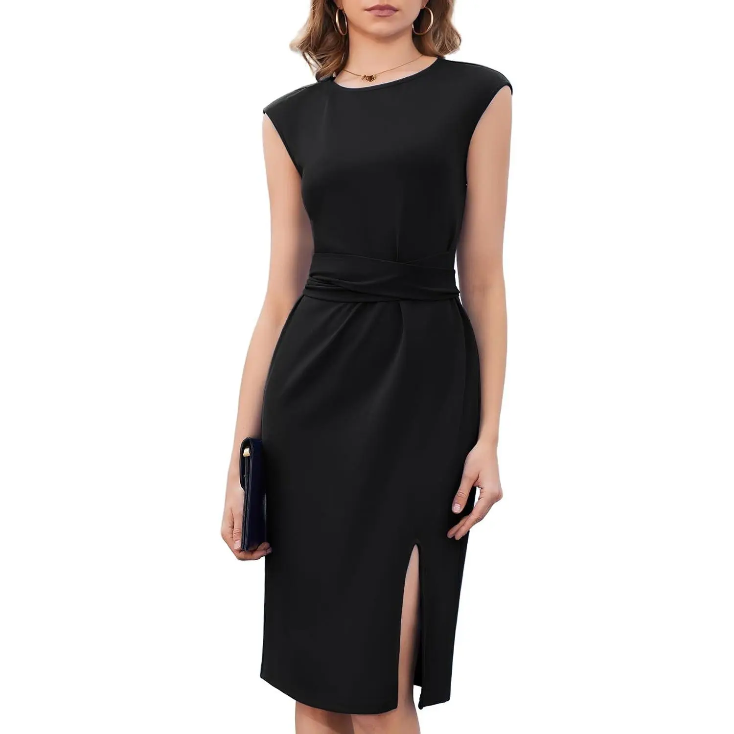 Women's Crew Neck Belted Side Slit Business Work Office Dress 2026 Cap Sleeve Sheath Midi Church Dresses