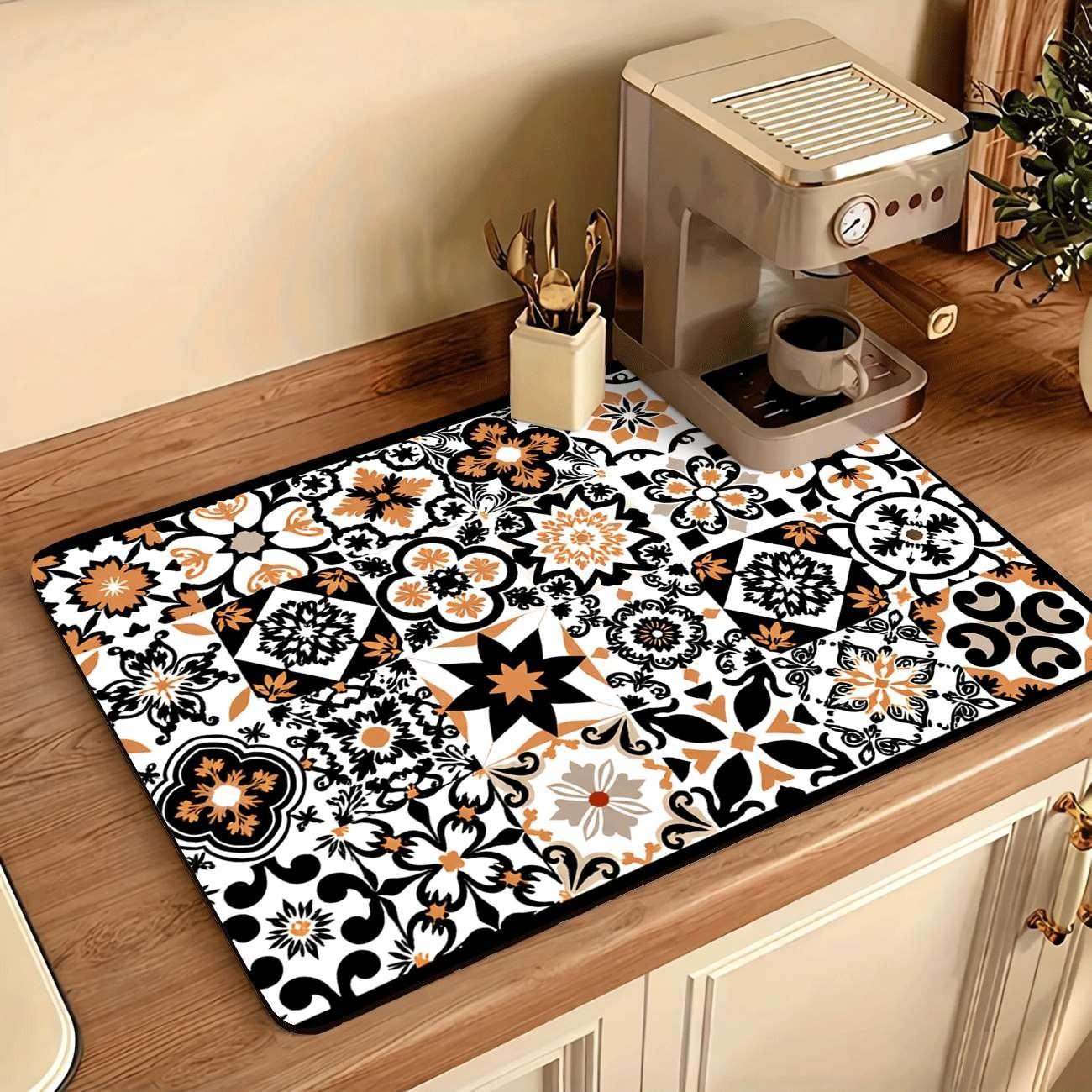 Multi-Functional Table Mat, Floral Grid Print Rubber Coaster, Easy Clean, Water Absorbent, Non-Slip, Durable, Ideal for Kitchen and Bedroom