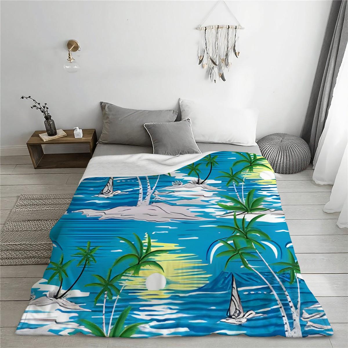Tropical Island Coconut Print Blanket, Soft and Lightweight, Ideal for Sofa, Bedroom, Office, Outdoor, Multi-Use, Vacation Gift