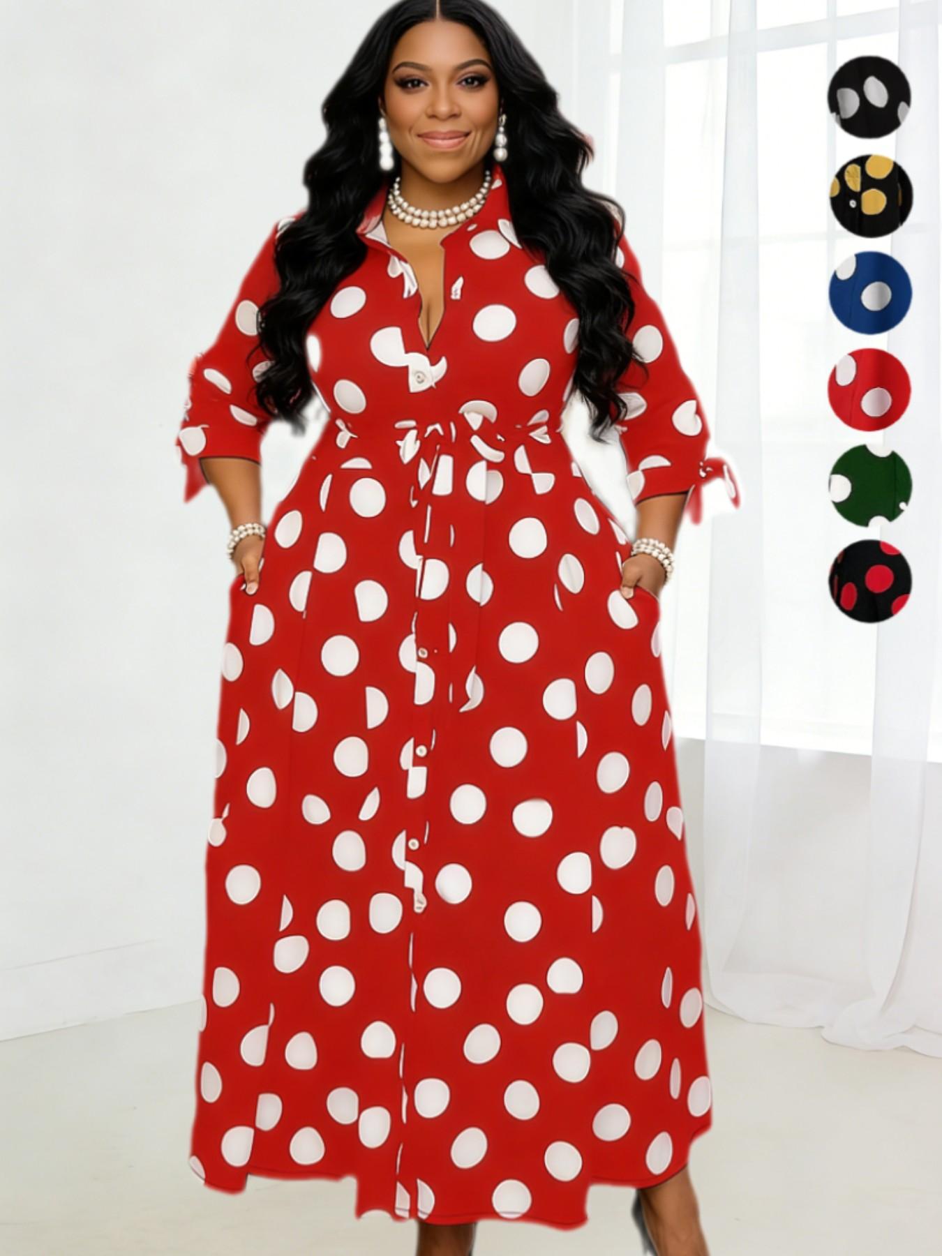 Plus Size Polka Dot Print Belted Button Front Shirt Dress, Elegant 3/4 Sleeve Tie Front High Waist Long Dress for Vacation Holiday Party, Women's Clothes for Summer Plus Size Polka Dot Print Belted Button Front Shirt Dress, Elegant 3/4 Sleeve Tie Front High Waist Long Dress for Vacation Holiday Party, Women's Clothes for Summer