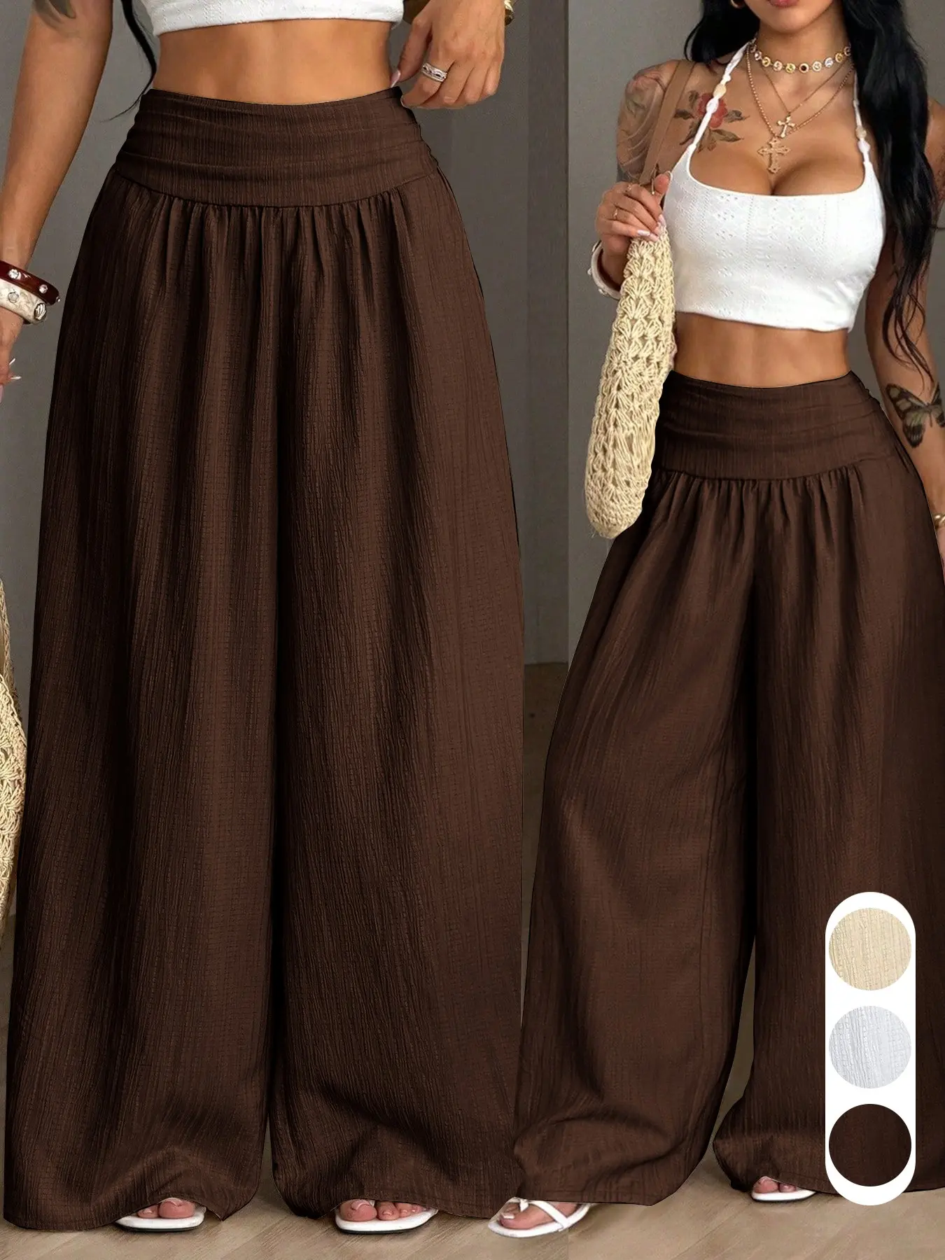 Fold Over High Waist Textured Wide Leg Pants Women Casual Loose Flowy Trousers Summer Vacation Floor Length  Pants