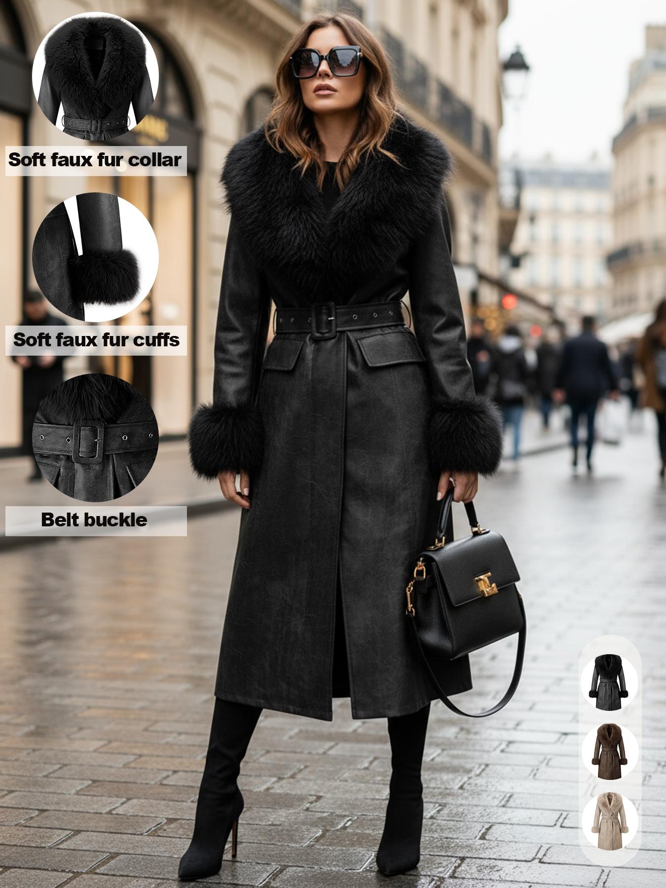 Women's Fall Winter Long Windproof Waterproof Jacket Coat, Comfortable Soft Faux Fur Collar, Thick PU Leather, Slim Fit with Belted Design Outerwear