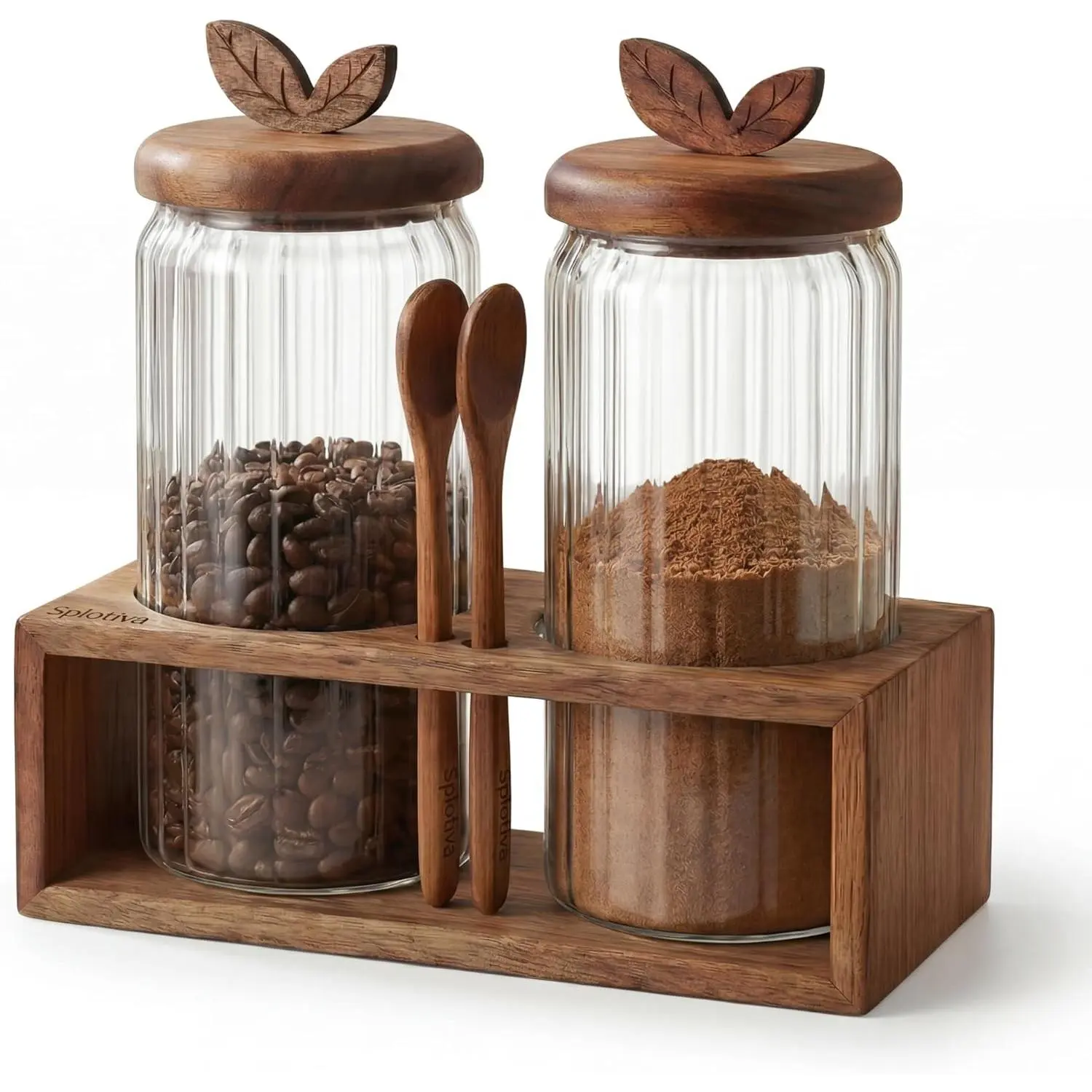 Glass Coffee Canister Set of 2 with Acacia Wood Lids and Spoons - Airtight Coffee Container for Ground Coffee, Sugar - Coffee Bar Accessories with Organizer Tray for Kitchen Counter (34floz Each)