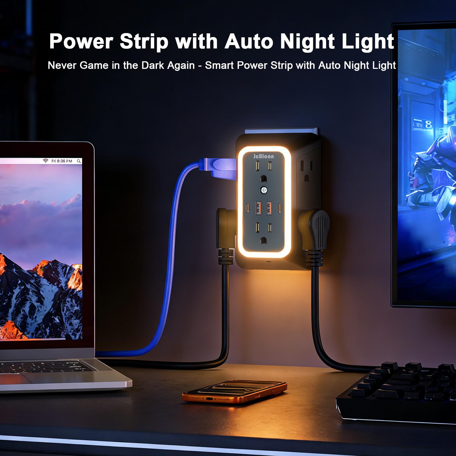 3-Pack Wall Outlet Extender Surge Protector with Night Light, 6-Outlet Power Socket Extender with 4 USB Ports (2 USB-C), 3-Sided Multi Plug Wall Adapter, Multifunctional Power Strip for Home, Office, Kitchen and Travel
