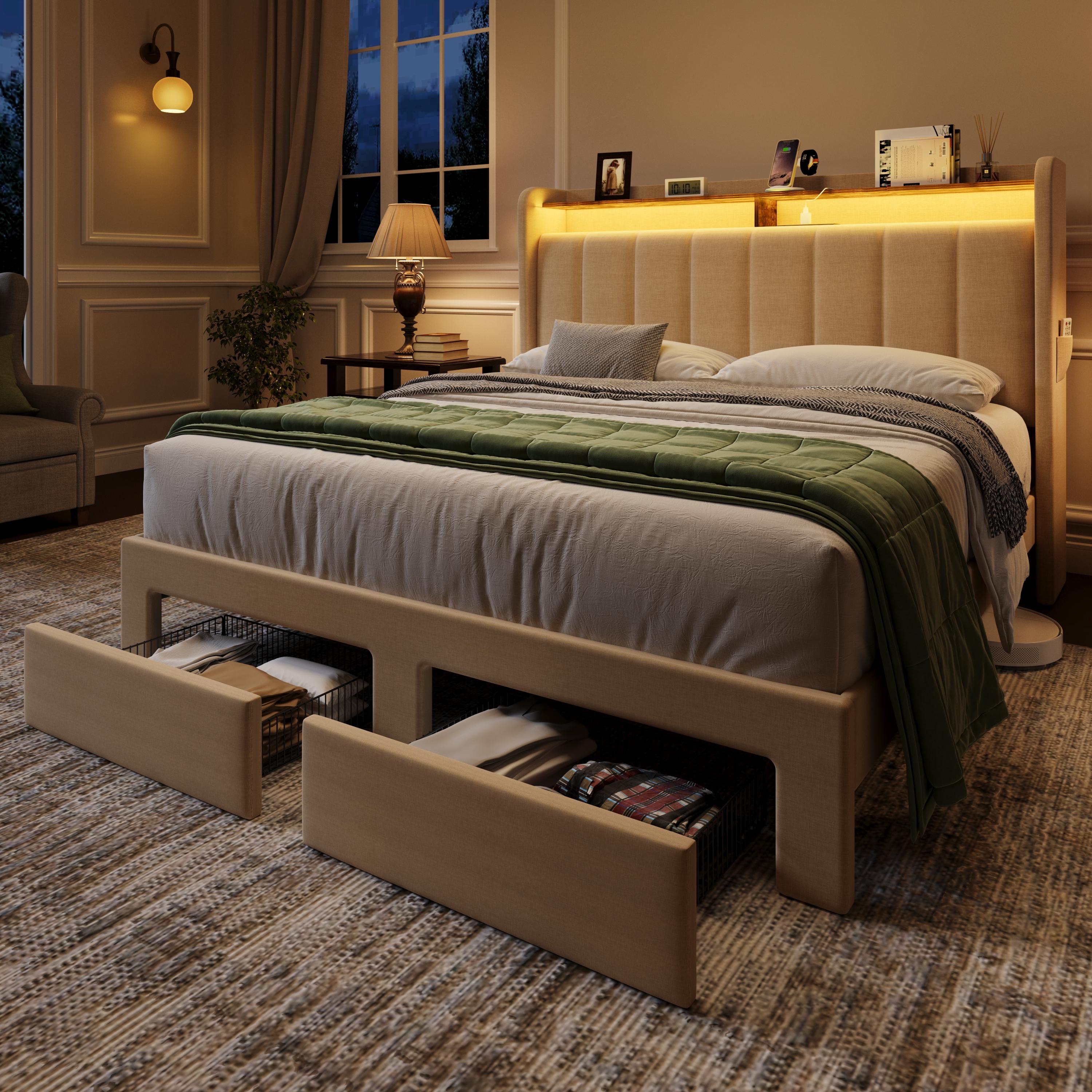 MUTICOR Upholstered Bed Frame with LED Shelf Headboard & 2 Drawers, Linen or Velvet Fabric, Smart Outlets,Full/King/Queen Bed Frame, No Box Spring Needed#TikTokShopBlackFriday #ChristmasGifts MUTICOR Upholstered Bed Frame with LED Shelf Headboard & 2 Drawers, Linen or Velvet Fabric, Smart Outlets,Full/King/Queen Bed Frame, No Box Spring Needed#TikTokShopBlackFriday #ChristmasGifts
