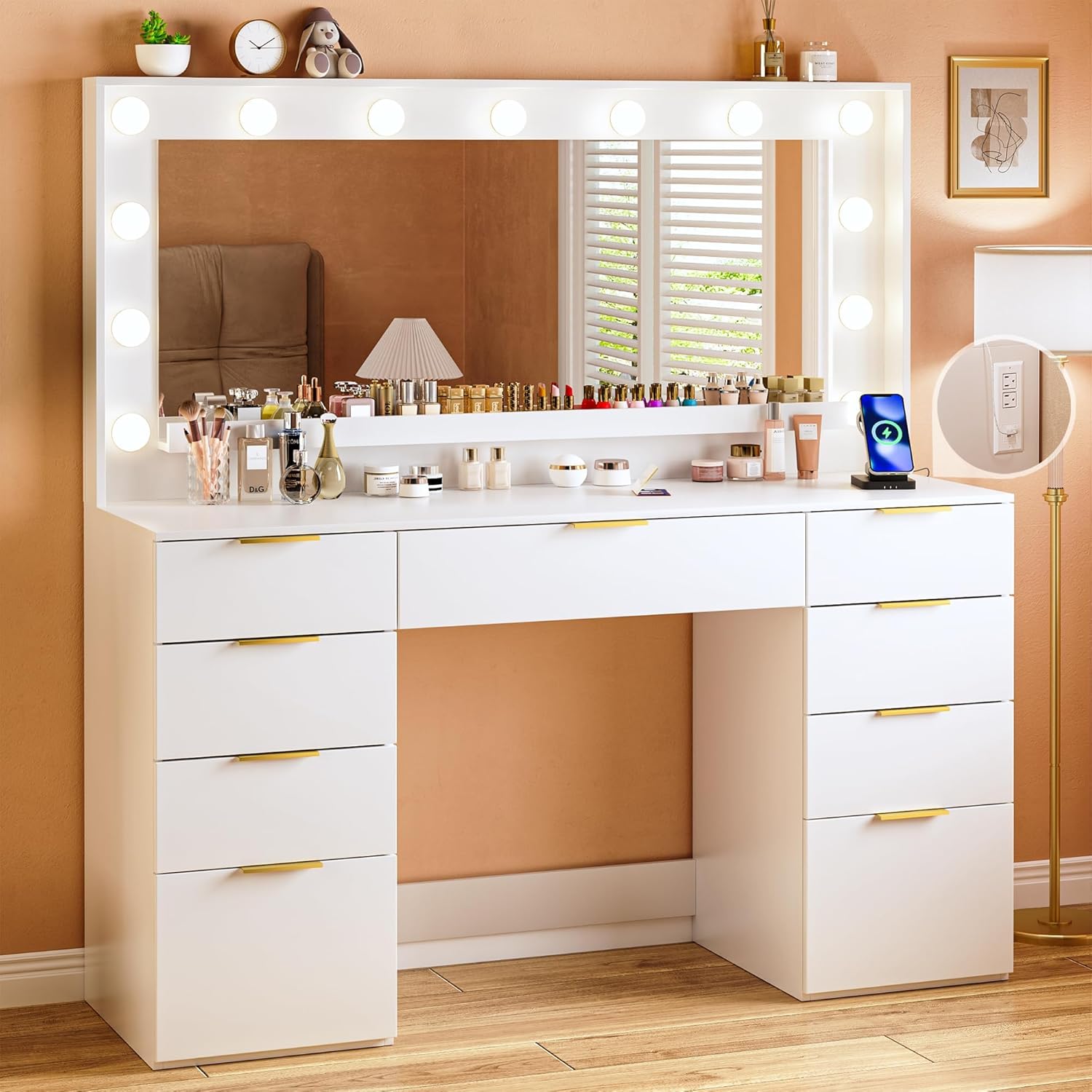 Vanity Desk with Large Mirror and Lights, 45.3in Makeup Vanity with Power Outlet 9 Drawers & Storage, 3 Lighting Color Adjustable, White Vanity Desk for Bedroom