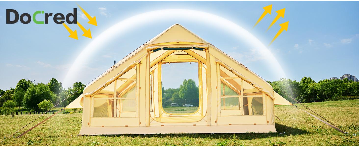 DoCred Inflatable Camping Tent with Pump, Glamping Tents with Stove Jack, Easy Set up 4 Season Waterproof Windproof Outdoor Gazebo, Luxury Cabin Tent with Removable Mesh Windows & Doors for Beach, Backyard, Sleepovers, Camping