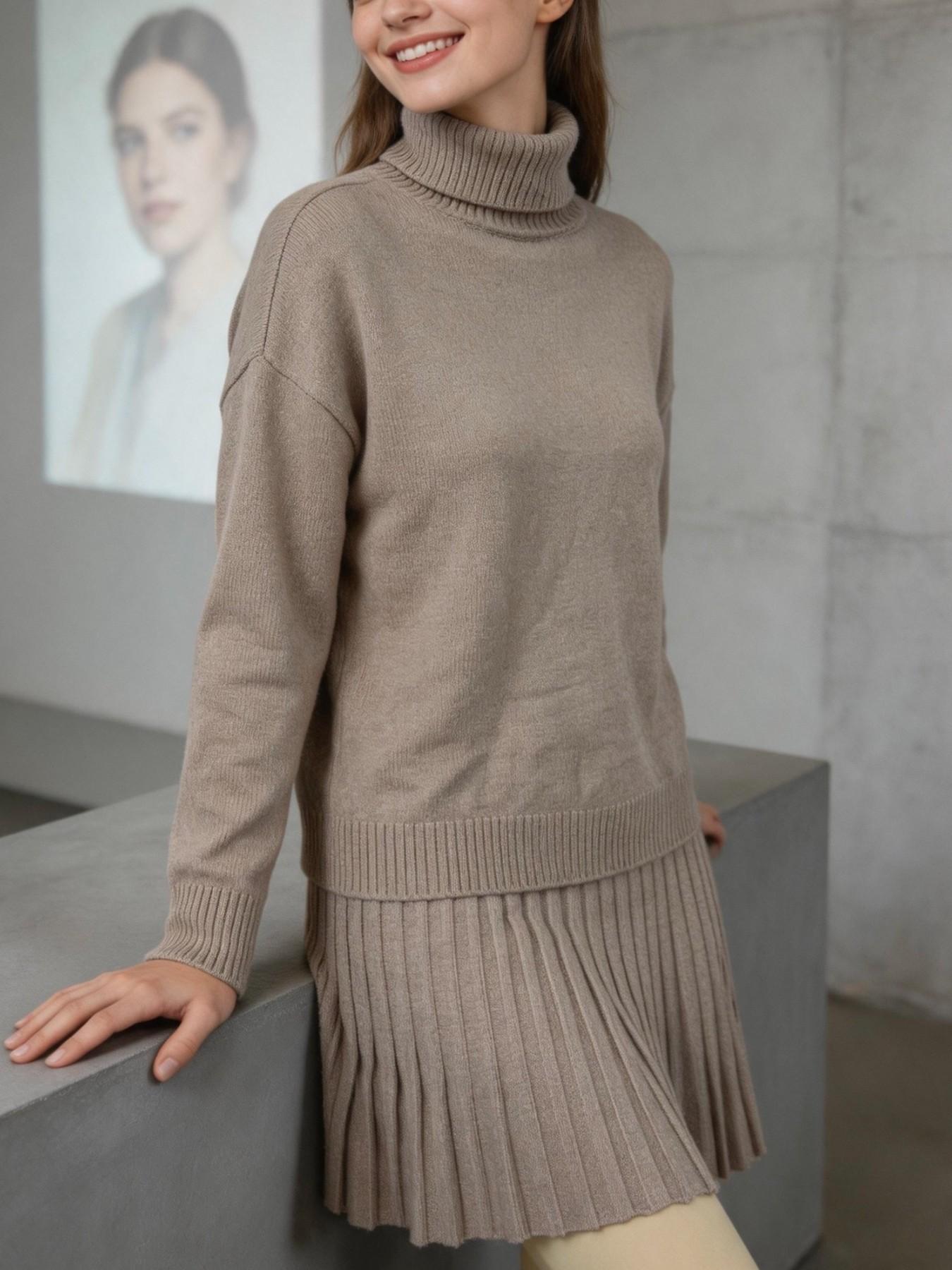 Oatmeal Color High Neck Knit Set for Women, Soft Cashmere Feel Sweater and Pleated High Waist Short Skirt Two-Piece, Cozy and Stylish