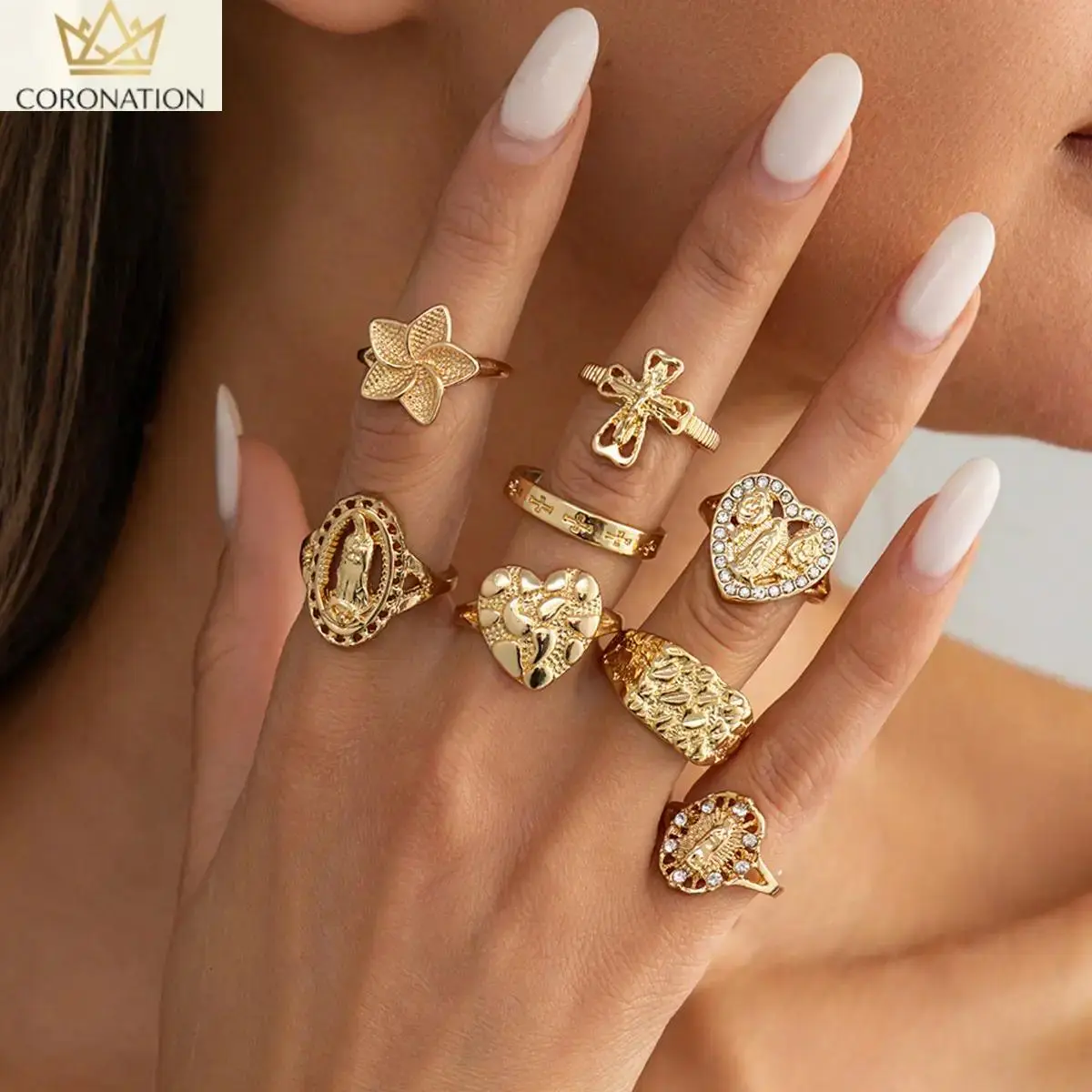 8 Pcs Vintage Gold Ring Set for Women, Y2K Aesthetic Baddie Stackable Rings with Cross Virgin Mary Heart Paved Designs, Mixed Statement Jewelry, Adjustable Trendy Layered Rings for Daily Wear, Party, Date Night & Gift Ideas