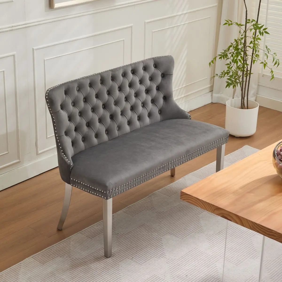 Velvet Double Dining Loveseat Bench, 2-Seat Tufted Bench with Handmade Buttons and Wing Back, Brushed Silver Stainless Steel Legs, Mid Century Modern Kitchen Dining Seating, Single Pack, Gray