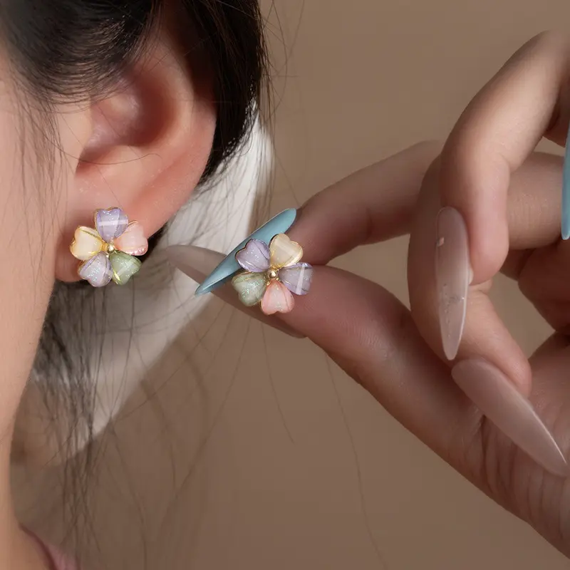 925 silver needle colorful petal earrings spring summer fresh flower earrings light luxury high end temperament earrings for women easy fashion sweet cute exquisite small delicate colorful flower ear jewelry daily wear party accessory