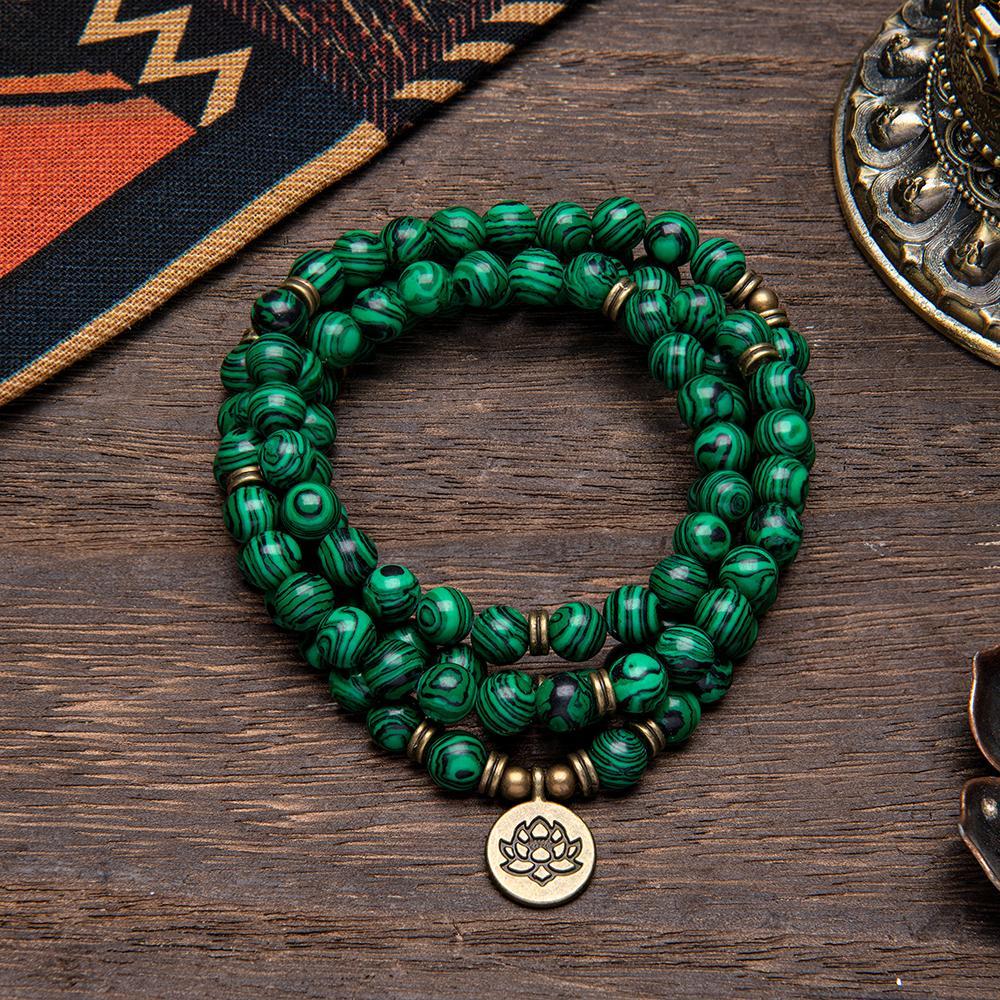 Genuine Stone 8mm Green Malachite 108 Mala Beads Money Attraction Bracelet - Unisex Long Beads Wrap Bracelet with Lotus Buddha Charm - Daily Wear Yoga Meditation Jewelry Ideal Gift