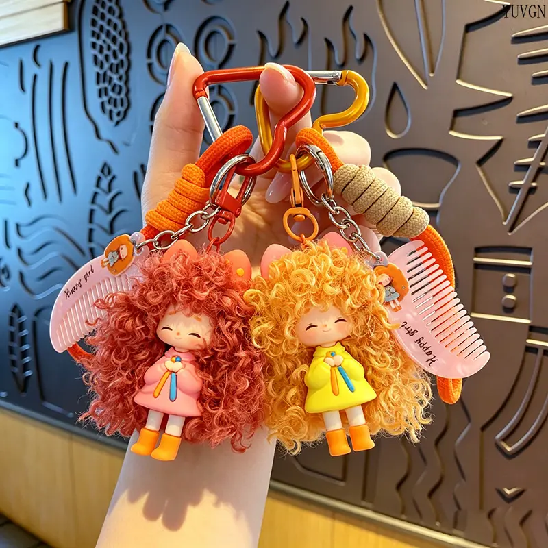 Cute Curly Hair Girl Figure Keychain with Mini Comb, Braided Rope Charm, Metal Ring Pendant - Indoor Recreation Aesthetic Gift